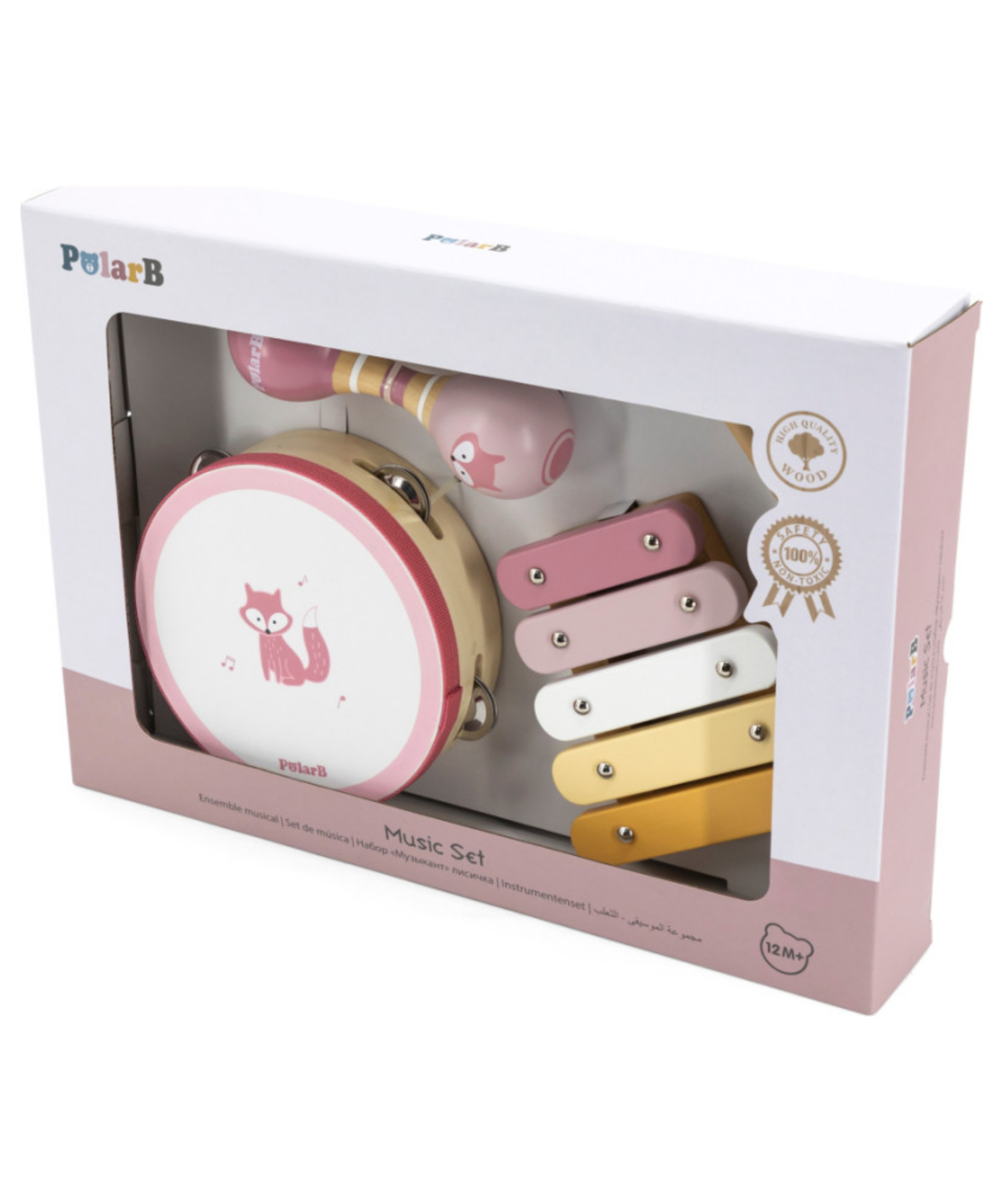 PolarB Fox Wooden Music Set for Toddlers, Includes Tambourine, Maracas and Xylophone, Musical Instrument Toy Kit for Early Learning and Creative Play, 18 Months and Up