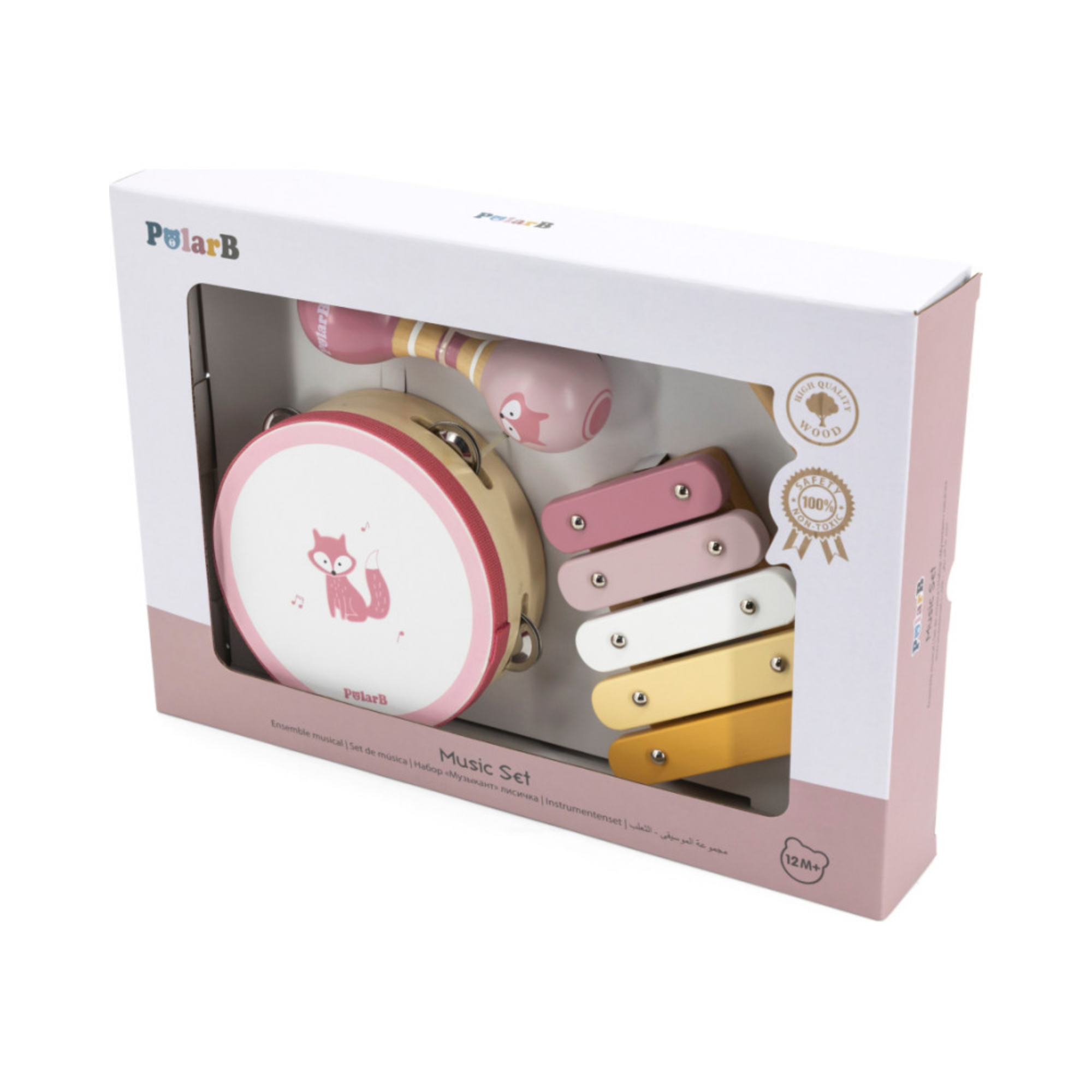 PolarB Fox Wooden Music Set for Toddlers, Includes Tambourine, Maracas and Xylophone, Musical Instrument Toy Kit for Early Learning and Creative Play, 18 Months and Up
