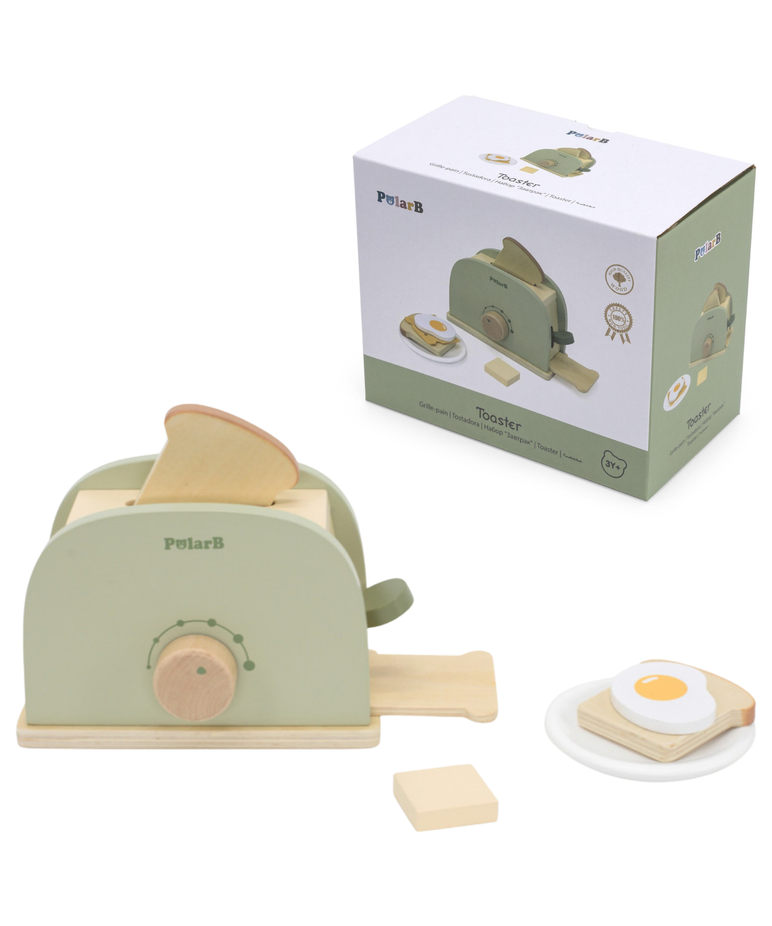 PolarB Wooden Toaster Set for Kids, Pretend Play Kitchen Toy with Bread, Egg, Cheese, Butter and Plate, Role Play Appliance for Children Ages 3 and Up