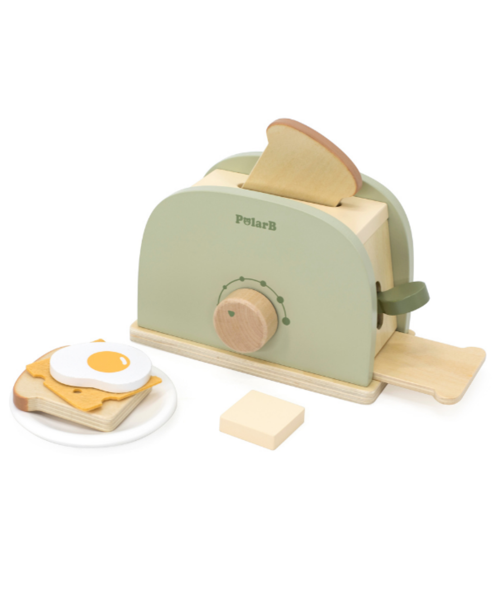 PolarB Wooden Toaster Set for Kids, Pretend Play Kitchen Toy with Bread, Egg, Cheese, Butter and Plate, Role Play Appliance for Children Ages 3 and Up