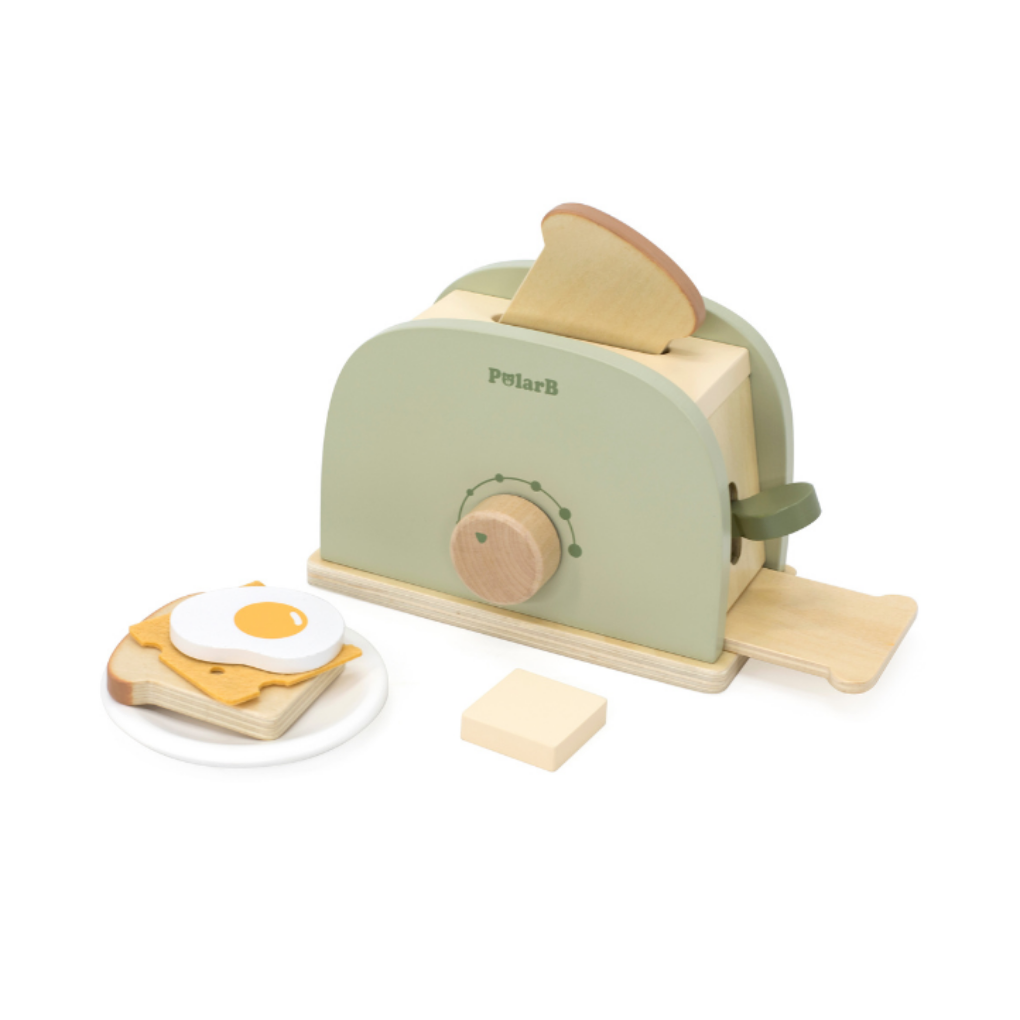 PolarB Wooden Toaster Set for Kids, Pretend Play Kitchen Toy with Bread, Egg, Cheese, Butter and Plate, Role Play Appliance for Children Ages 3 and Up