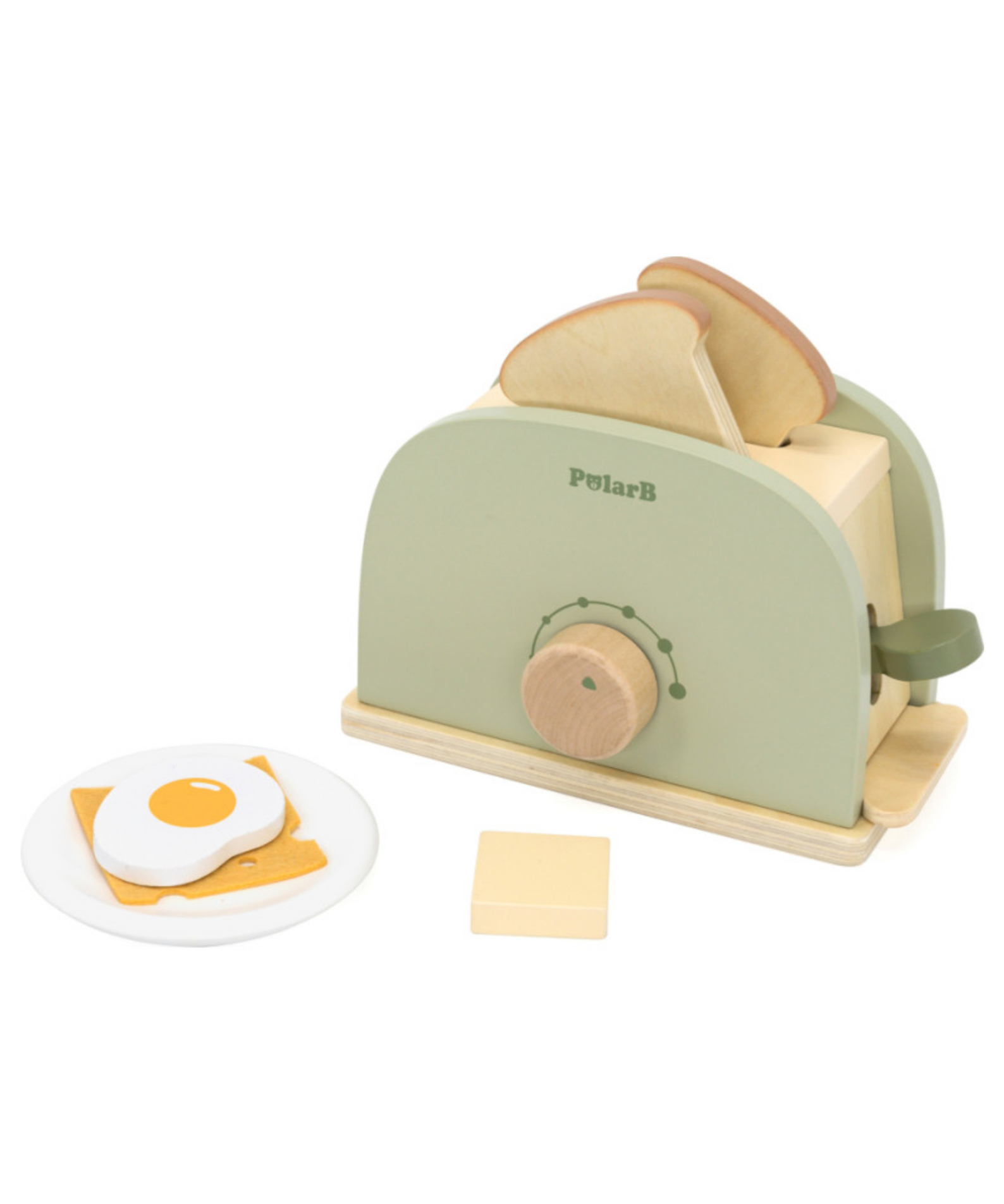 PolarB Wooden Toaster Set for Kids, Pretend Play Kitchen Toy with Bread, Egg, Cheese, Butter and Plate, Role Play Appliance for Children Ages 3 and Up