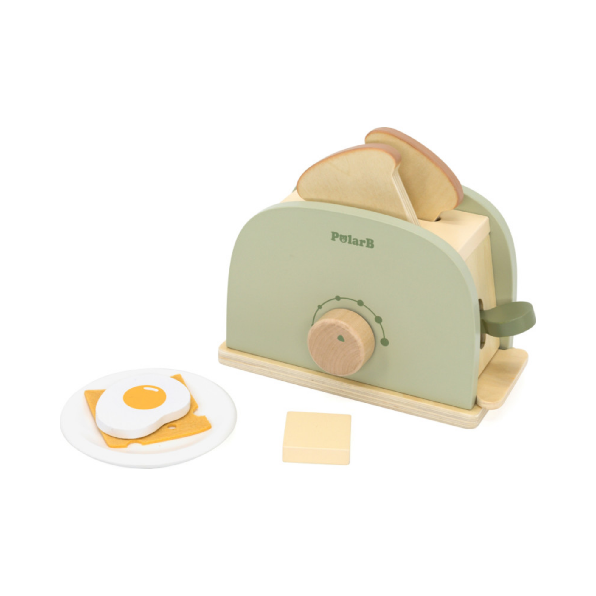 PolarB Wooden Toaster Set for Kids, Pretend Play Kitchen Toy with Bread, Egg, Cheese, Butter and Plate, Role Play Appliance for Children Ages 3 and Up