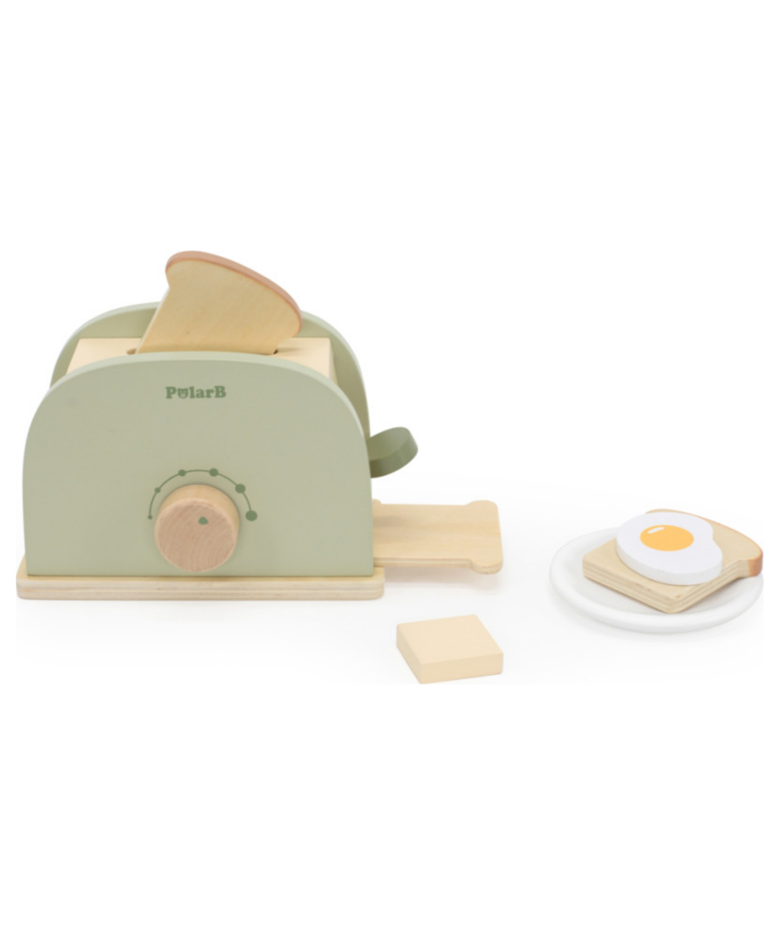 PolarB Wooden Toaster Set for Kids, Pretend Play Kitchen Toy with Bread, Egg, Cheese, Butter and Plate, Role Play Appliance for Children Ages 3 and Up