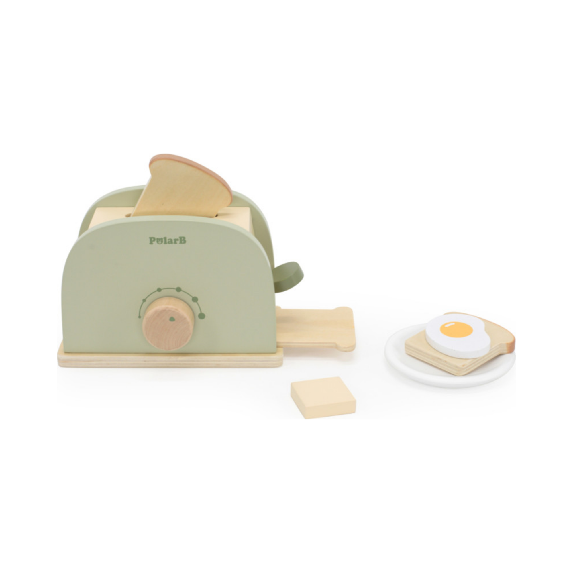 PolarB Wooden Toaster Set for Kids, Pretend Play Kitchen Toy with Bread, Egg, Cheese, Butter and Plate, Role Play Appliance for Children Ages 3 and Up