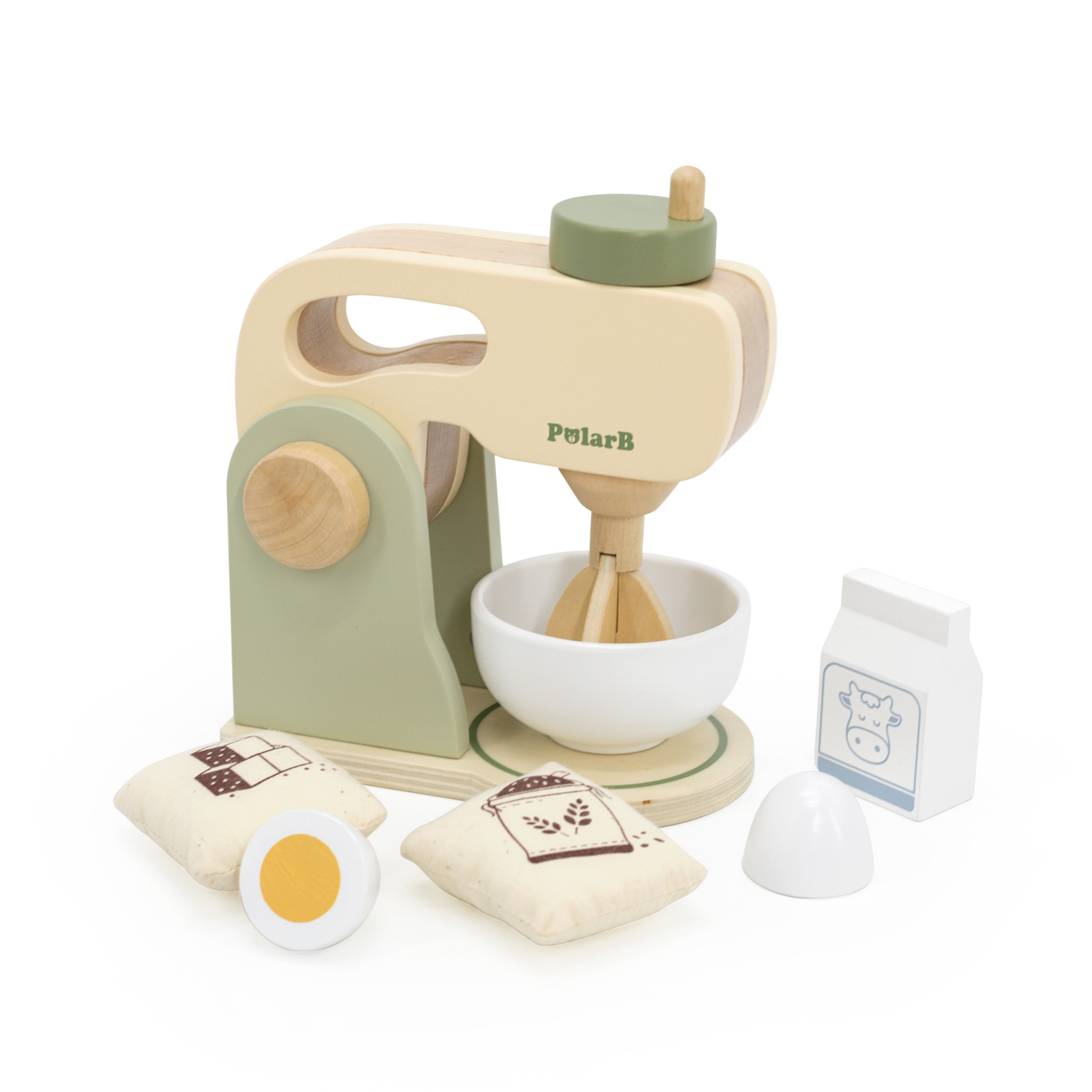PolarB Wooden Kitchen Mixer Set for Kids, Pretend Play Baking Toy with Bowl, Egg, Milk, Flour and Sugar, Role Play Kitchen Appliance for Children Ages 3 and Up