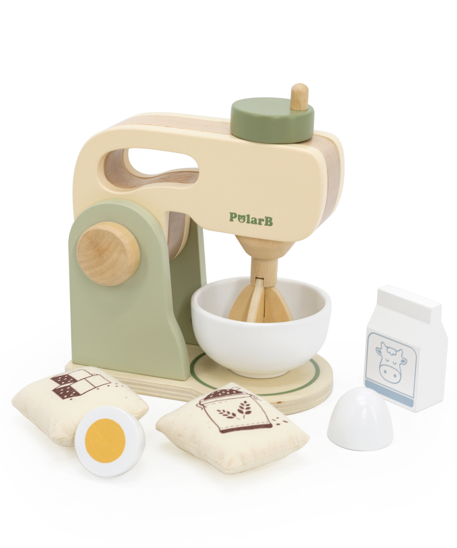 PolarB Wooden Kitchen Mixer Set for Kids, Pretend Play Baking Toy with Bowl, Egg, Milk, Flour and Sugar, Role Play Kitchen Appliance for Children Ages 3 and Up