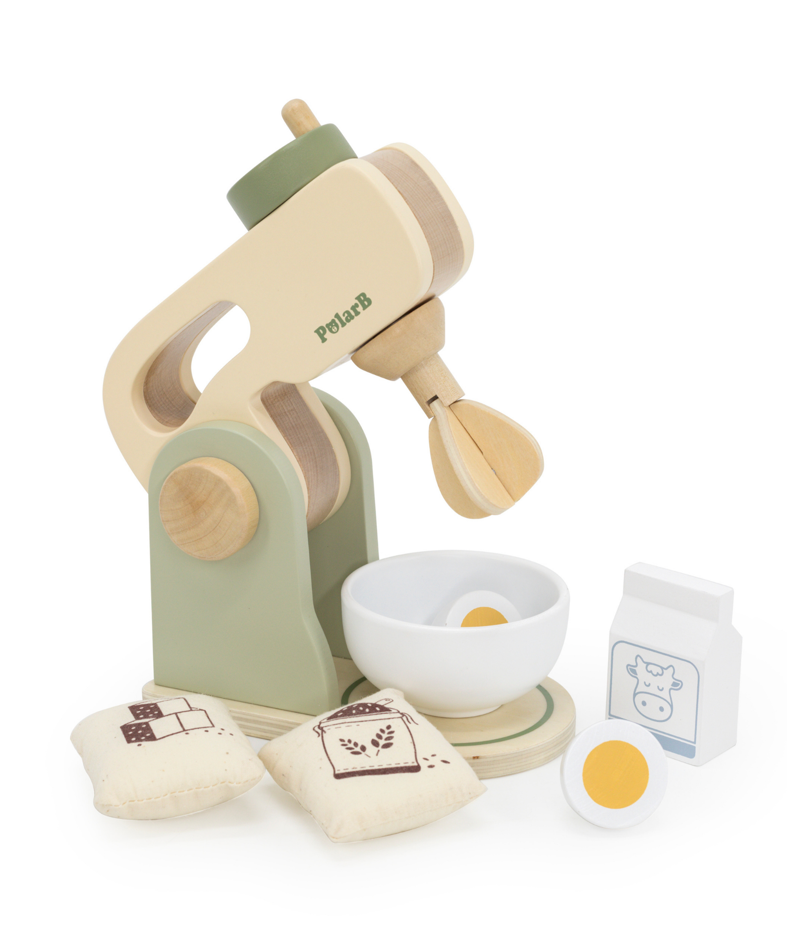 PolarB Wooden Kitchen Mixer Set for Kids, Pretend Play Baking Toy with Bowl, Egg, Milk, Flour and Sugar, Role Play Kitchen Appliance for Children Ages 3 and Up