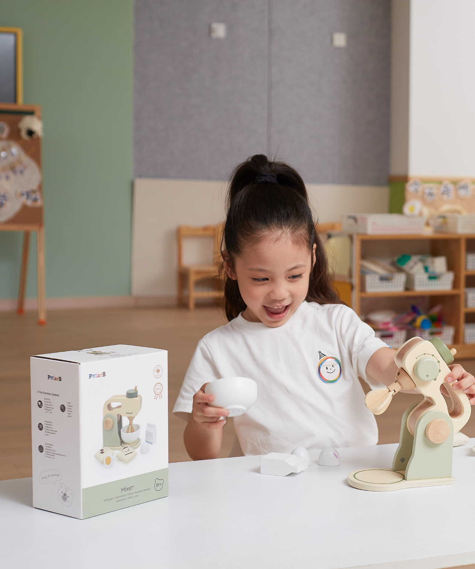 PolarB Wooden Kitchen Mixer Set for Kids, Pretend Play Baking Toy with Bowl, Egg, Milk, Flour and Sugar, Role Play Kitchen Appliance for Children Ages 3 and Up