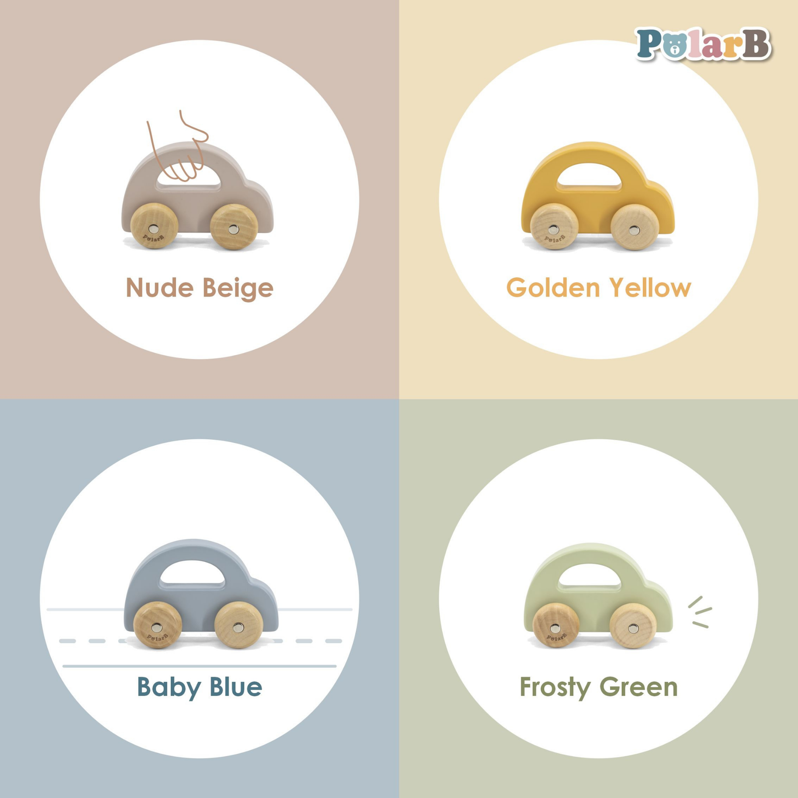 PolarB Wooden Car Push and Pull Toy for Babies, Montessori-Inspired Natural Wood Vehicle with Smooth Wheels, Pastel Tones, Safe for 6 Months and Up, Green