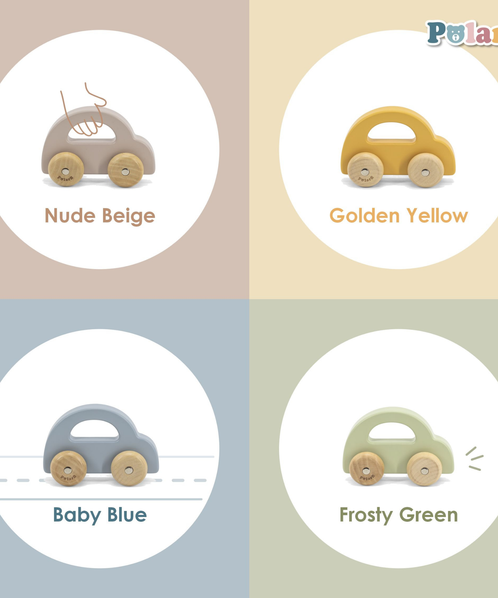 PolarB Wooden Car Push and Pull Toy for Babies, Montessori-Inspired Natural Wood Vehicle with Smooth Wheels, Pastel Tones, Safe for 6 Months and Up, Green