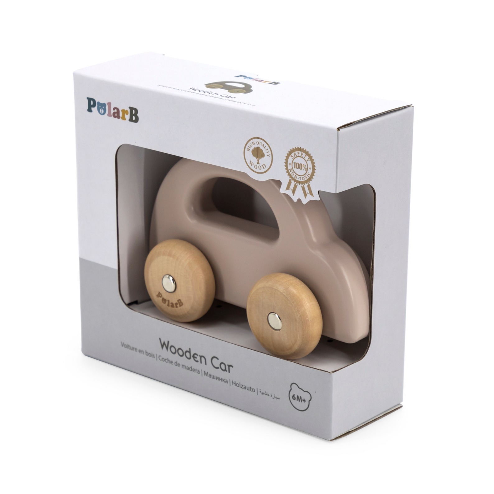 PolarB Wooden Car Push and Pull Toy for Babies, Montessori-Inspired Natural Wood Vehicle with Smooth Wheels, Pastel Tones, Safe for 6 Months and Up, Brown
