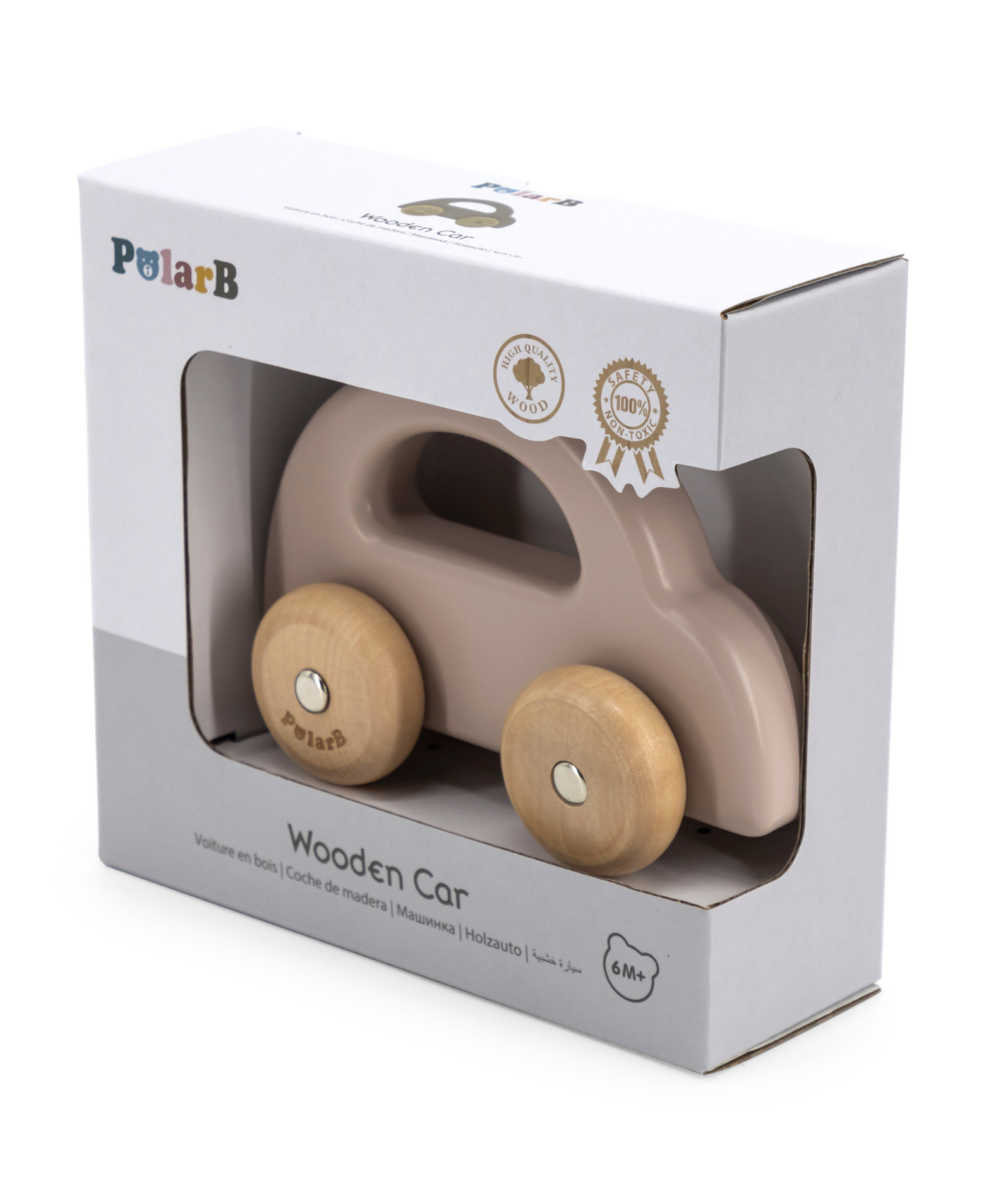 PolarB Wooden Car Push and Pull Toy for Babies, Montessori-Inspired Natural Wood Vehicle with Smooth Wheels, Pastel Tones, Safe for 6 Months and Up, Brown