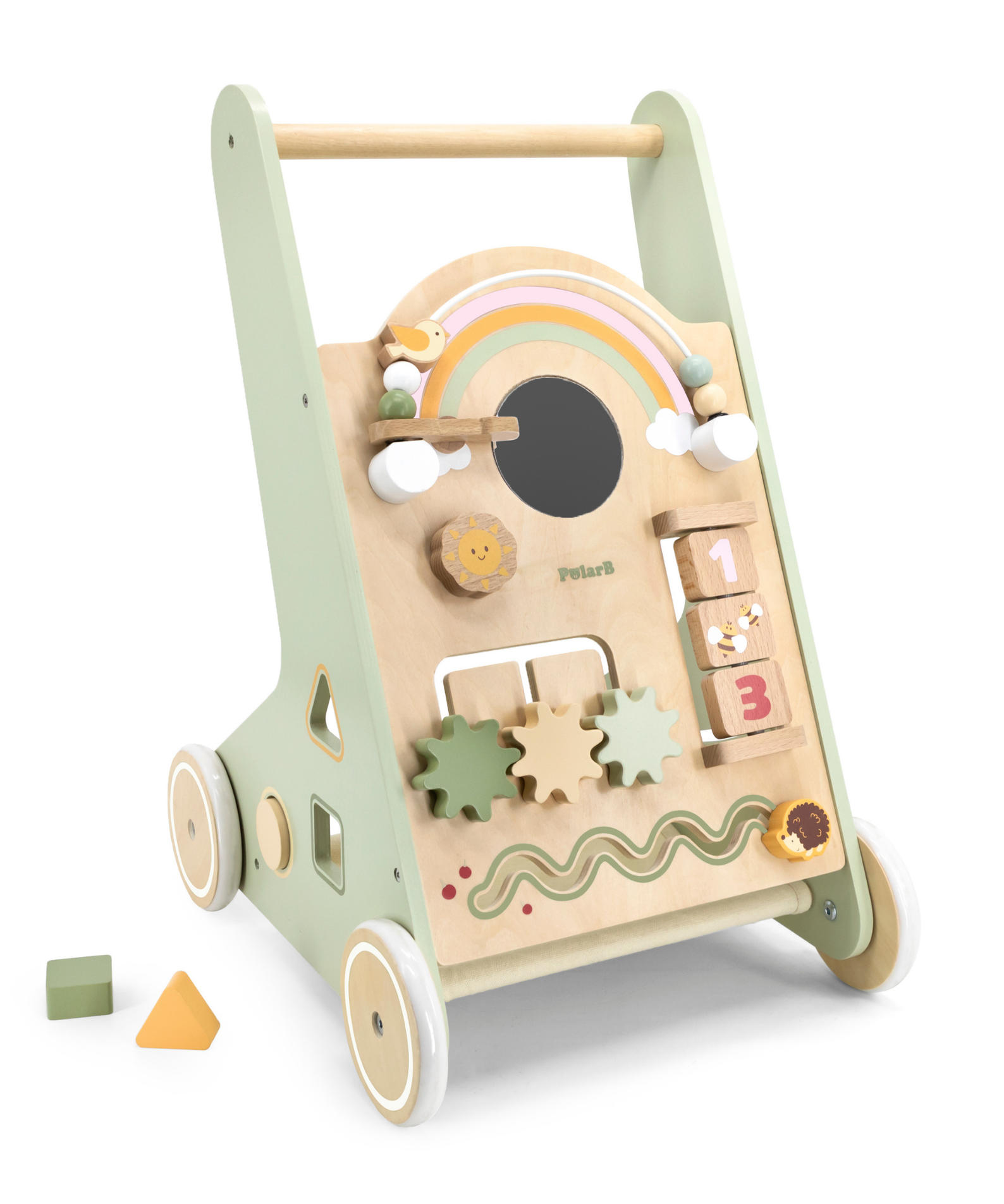 PolarB Wooden Baby Walker for Toddlers with Educational Activities and Toy Storage, Includes Shape Sorter, Mirror, Beads, Gears and More, For Ages 18 Months and Up