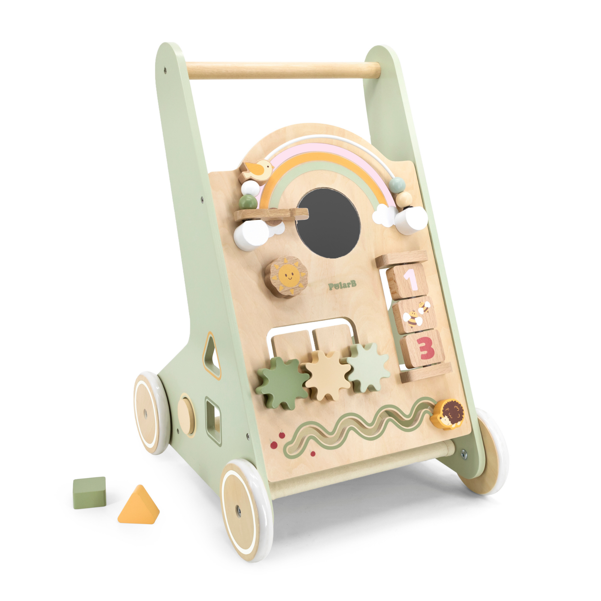 PolarB Wooden Baby Walker for Toddlers with Educational Activities and Toy Storage, Includes Shape Sorter, Mirror, Beads, Gears and More, For Ages 18 Months and Up
