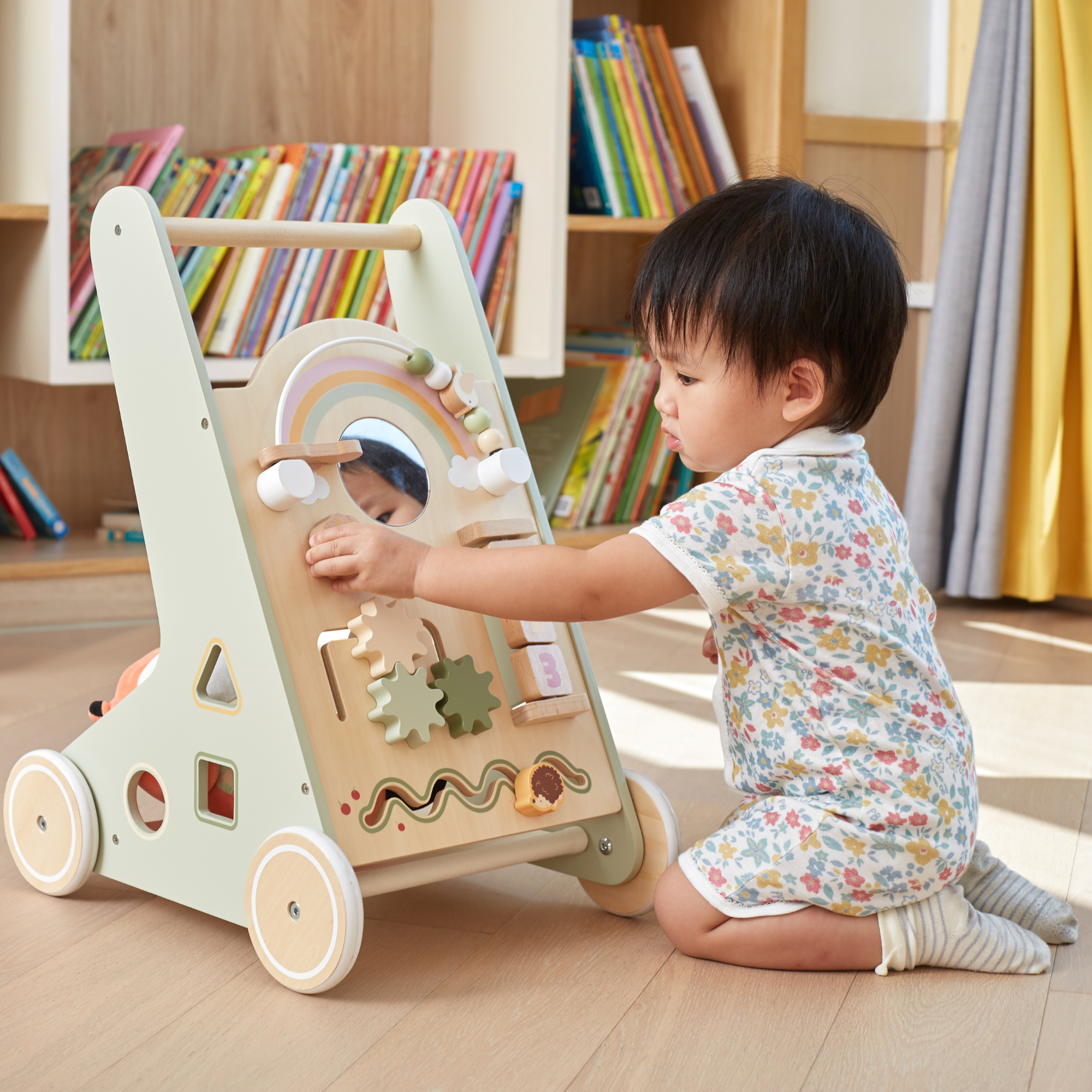 PolarB Wooden Baby Walker for Toddlers with Educational Activities and Toy Storage, Includes Shape Sorter, Mirror, Beads, Gears and More, For Ages 18 Months and Up