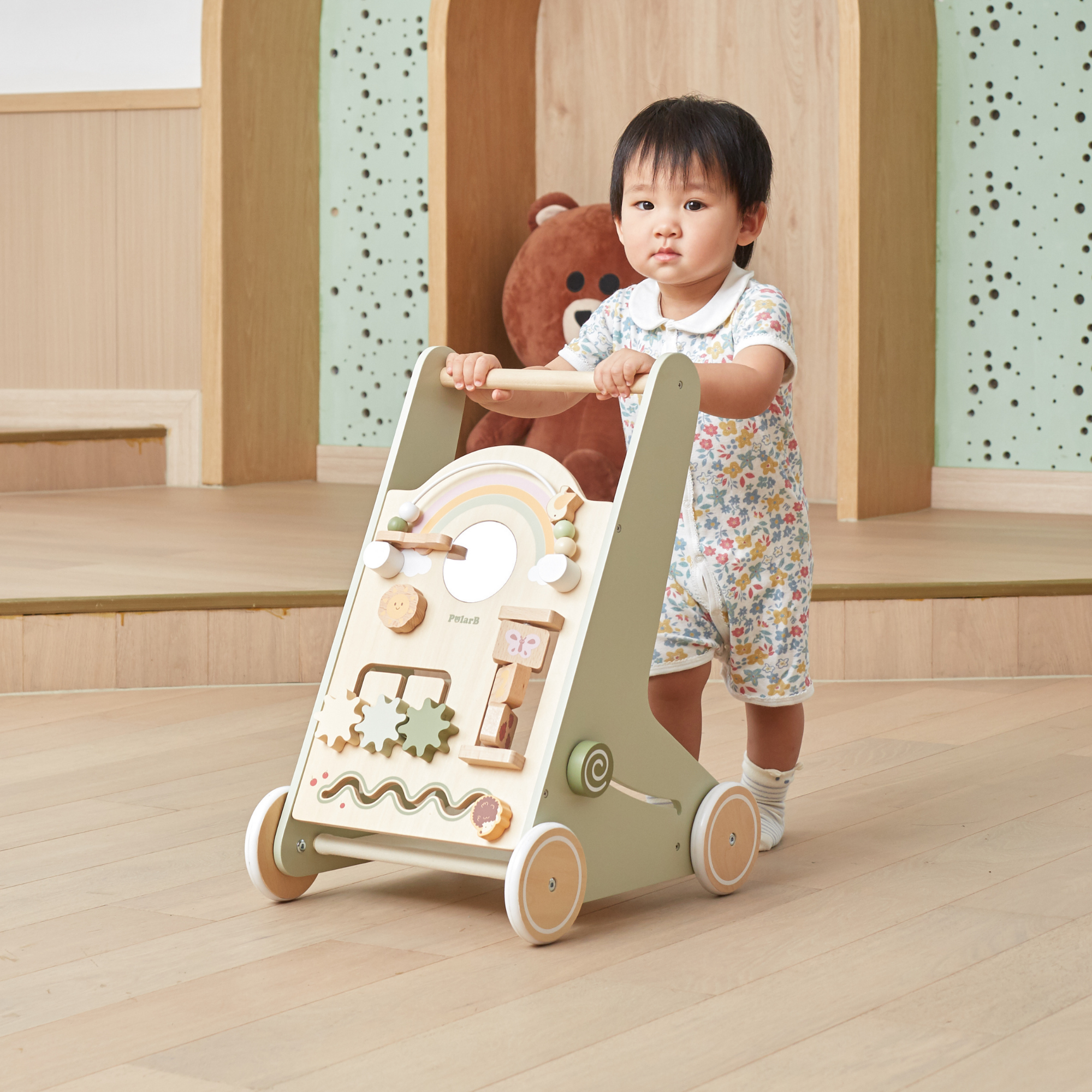 PolarB Wooden Baby Walker for Toddlers with Educational Activities and Toy Storage, Includes Shape Sorter, Mirror, Beads, Gears and More, For Ages 18 Months and Up