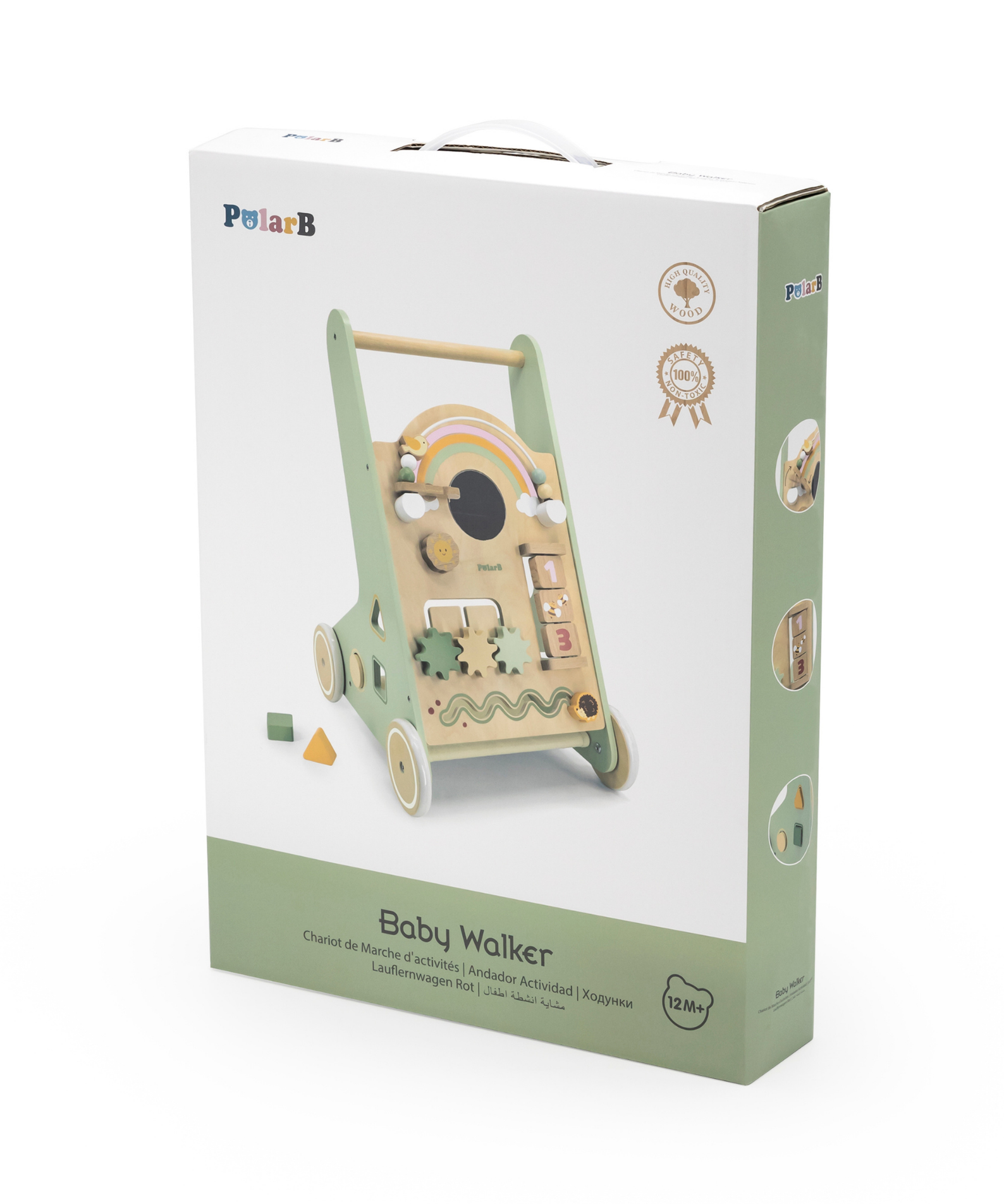 PolarB Wooden Baby Walker for Toddlers with Educational Activities and Toy Storage, Includes Shape Sorter, Mirror, Beads, Gears and More, For Ages 18 Months and Up