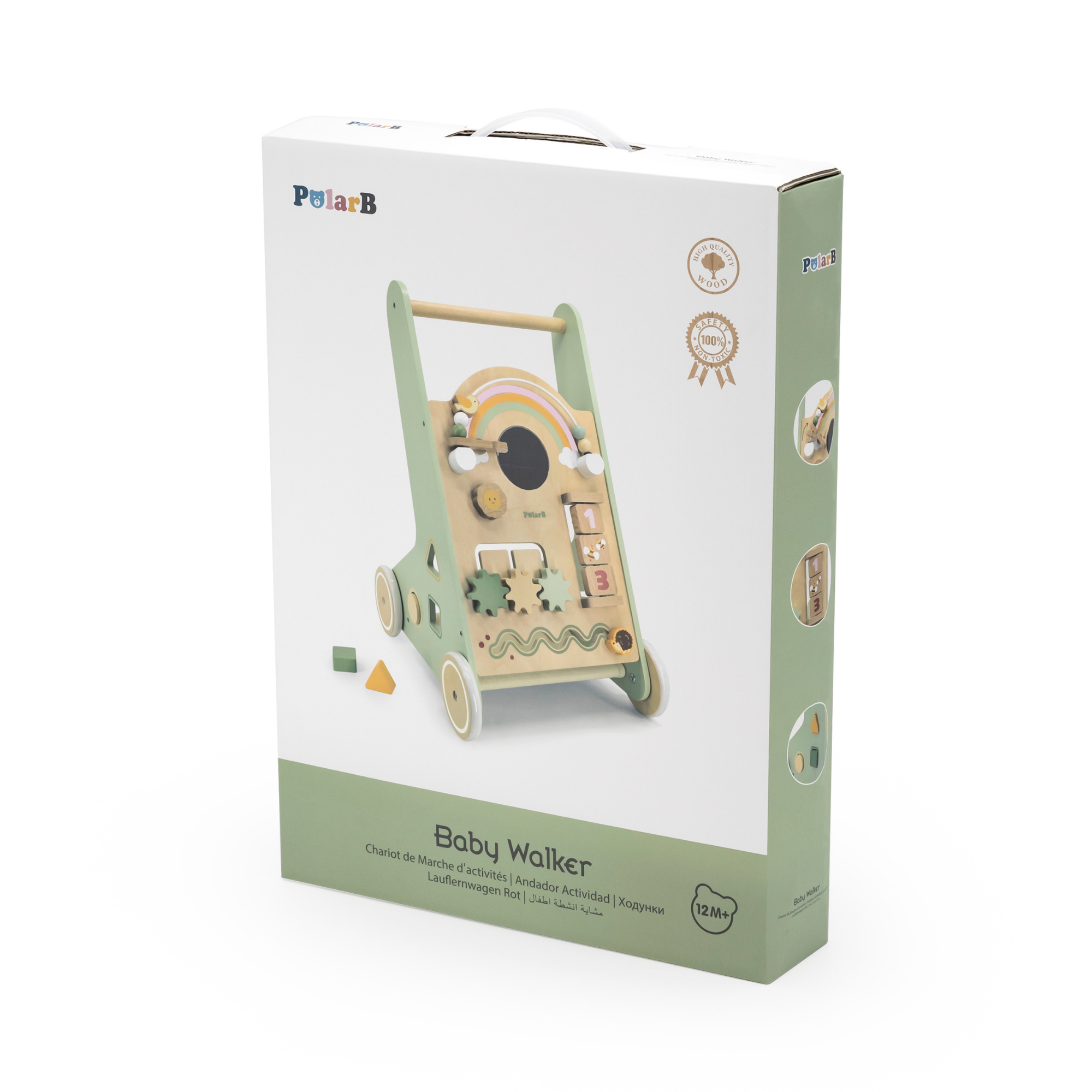 PolarB Wooden Baby Walker for Toddlers with Educational Activities and Toy Storage, Includes Shape Sorter, Mirror, Beads, Gears and More, For Ages 18 Months and Up