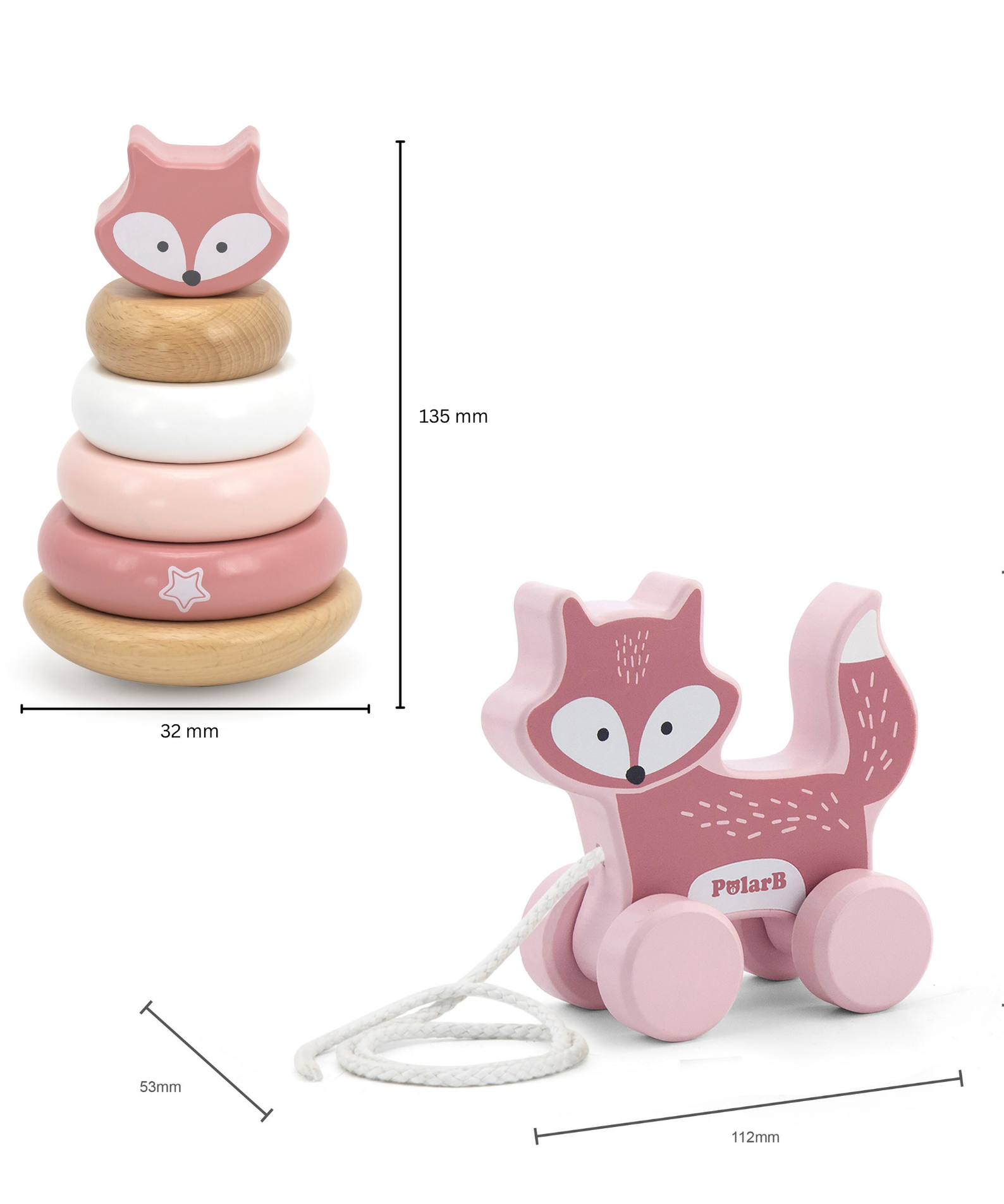 PolarB Wooden Fox Pull-Along and Stacker Toy Set, Educational Toddler Toys for Walking, Fine Motor Skills, and Color Recognition, Ages 18 Months+