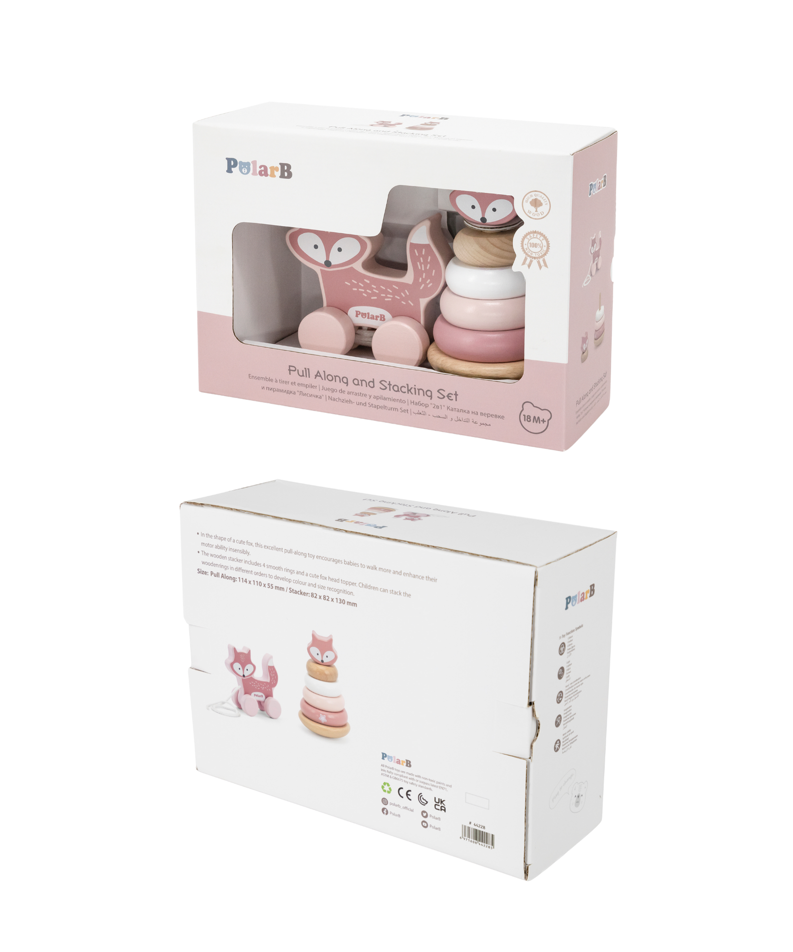 PolarB Wooden Fox Pull-Along and Stacker Toy Set, Educational Toddler Toys for Walking, Fine Motor Skills, and Color Recognition, Ages 18 Months+