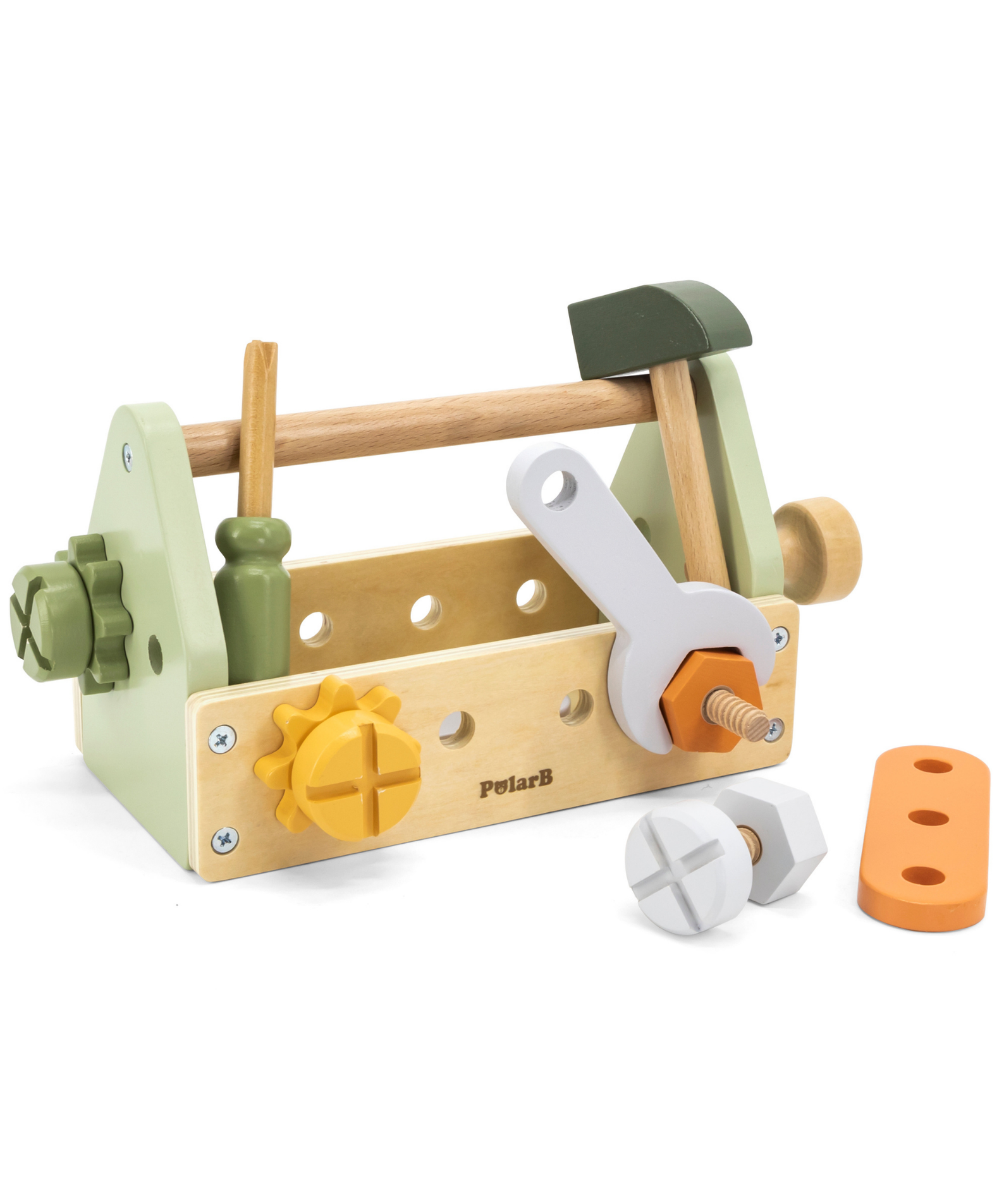 PolarB Wooden Tool Box Set by, DIY Role Play Kit with Hammer, Wrench, Screwdriver, Bolts, Nuts and Gears, Educational Toy for Toddlers, Ages 3 and Up