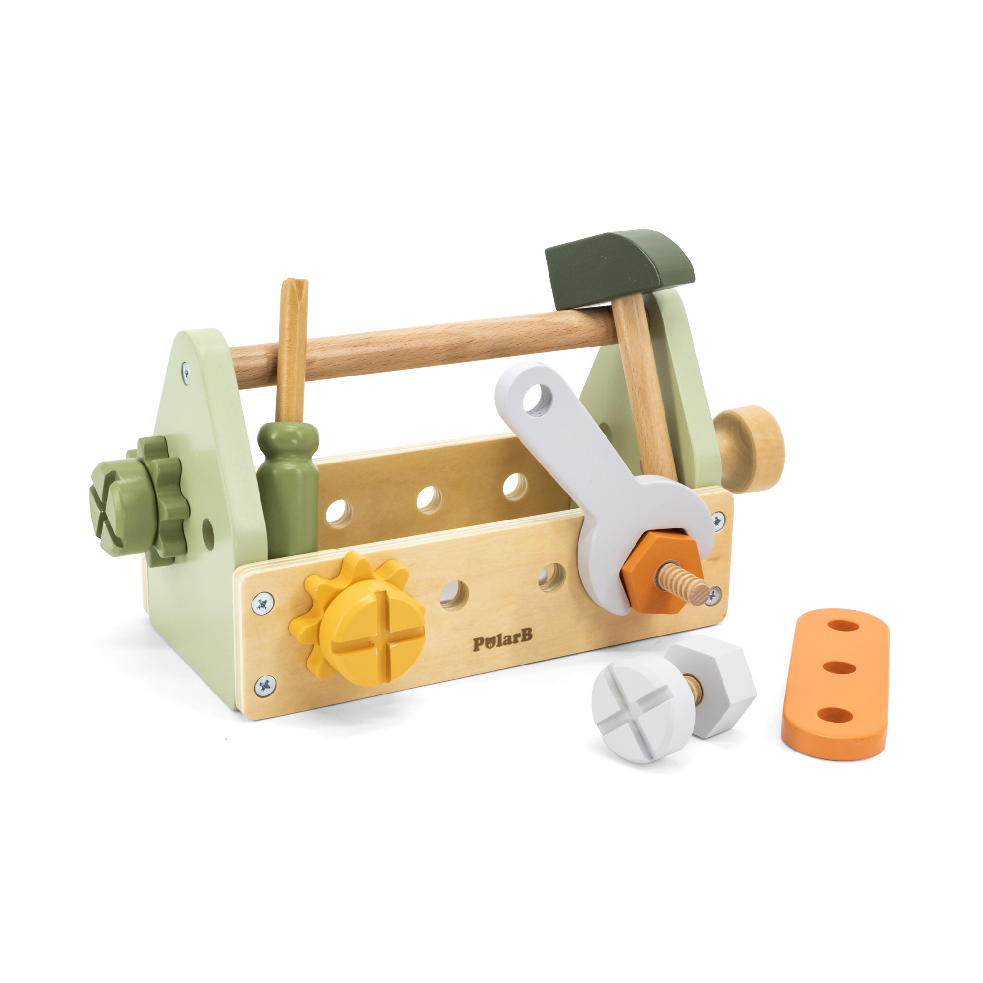 PolarB Wooden Tool Box Set by, DIY Role Play Kit with Hammer, Wrench, Screwdriver, Bolts, Nuts and Gears, Educational Toy for Toddlers, Ages 3 and Up