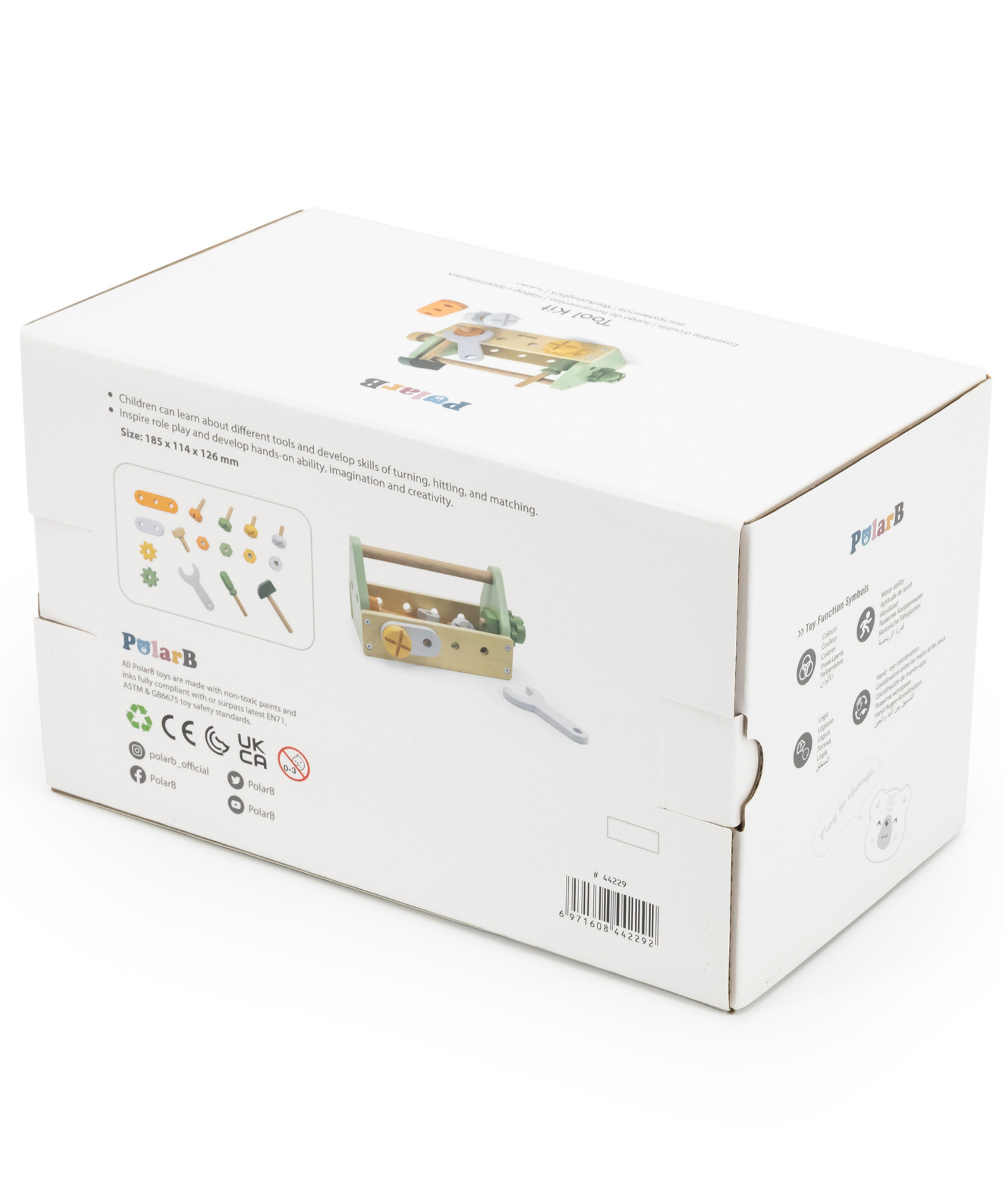 PolarB Wooden Tool Box Set by, DIY Role Play Kit with Hammer, Wrench, Screwdriver, Bolts, Nuts and Gears, Educational Toy for Toddlers, Ages 3 and Up