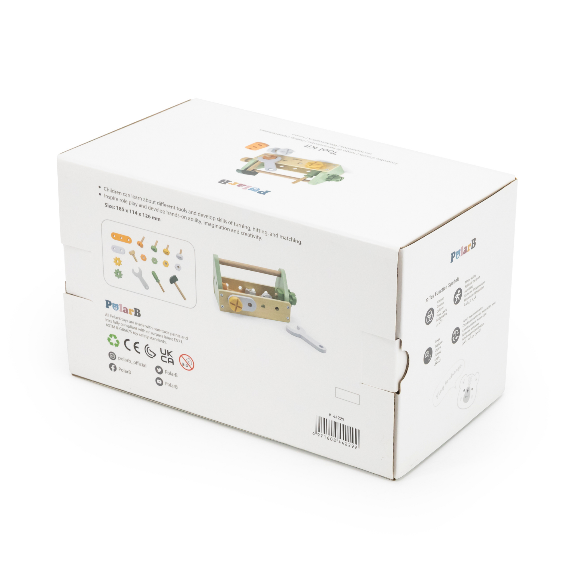 PolarB Wooden Tool Box Set by, DIY Role Play Kit with Hammer, Wrench, Screwdriver, Bolts, Nuts and Gears, Educational Toy for Toddlers, Ages 3 and Up