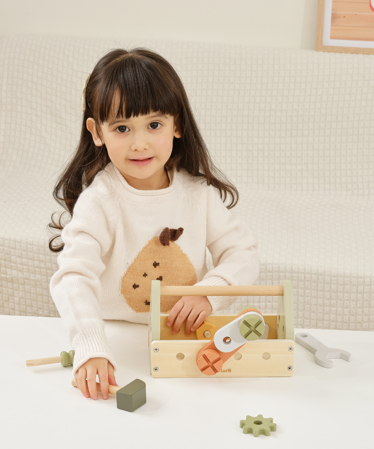 PolarB Wooden Tool Box Set by, DIY Role Play Kit with Hammer, Wrench, Screwdriver, Bolts, Nuts and Gears, Educational Toy for Toddlers, Ages 3 and Up