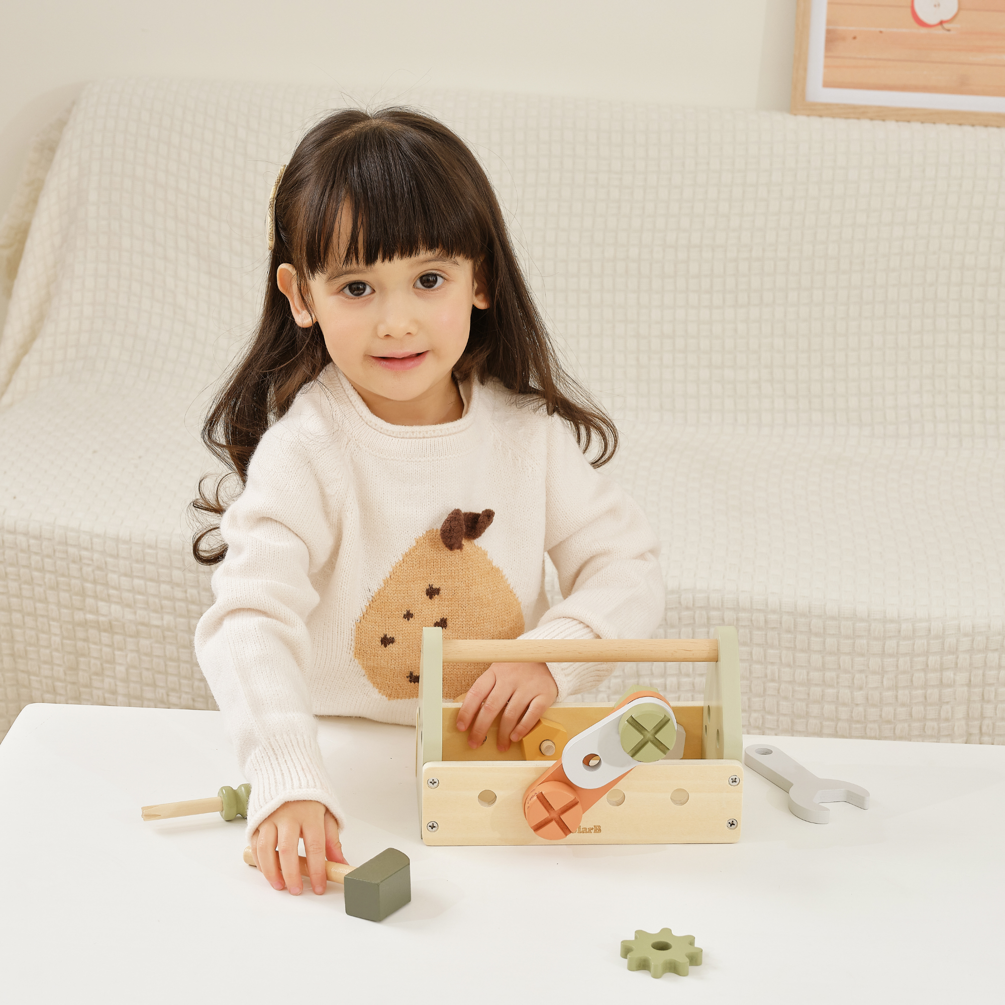 PolarB Wooden Tool Box Set by, DIY Role Play Kit with Hammer, Wrench, Screwdriver, Bolts, Nuts and Gears, Educational Toy for Toddlers, Ages 3 and Up