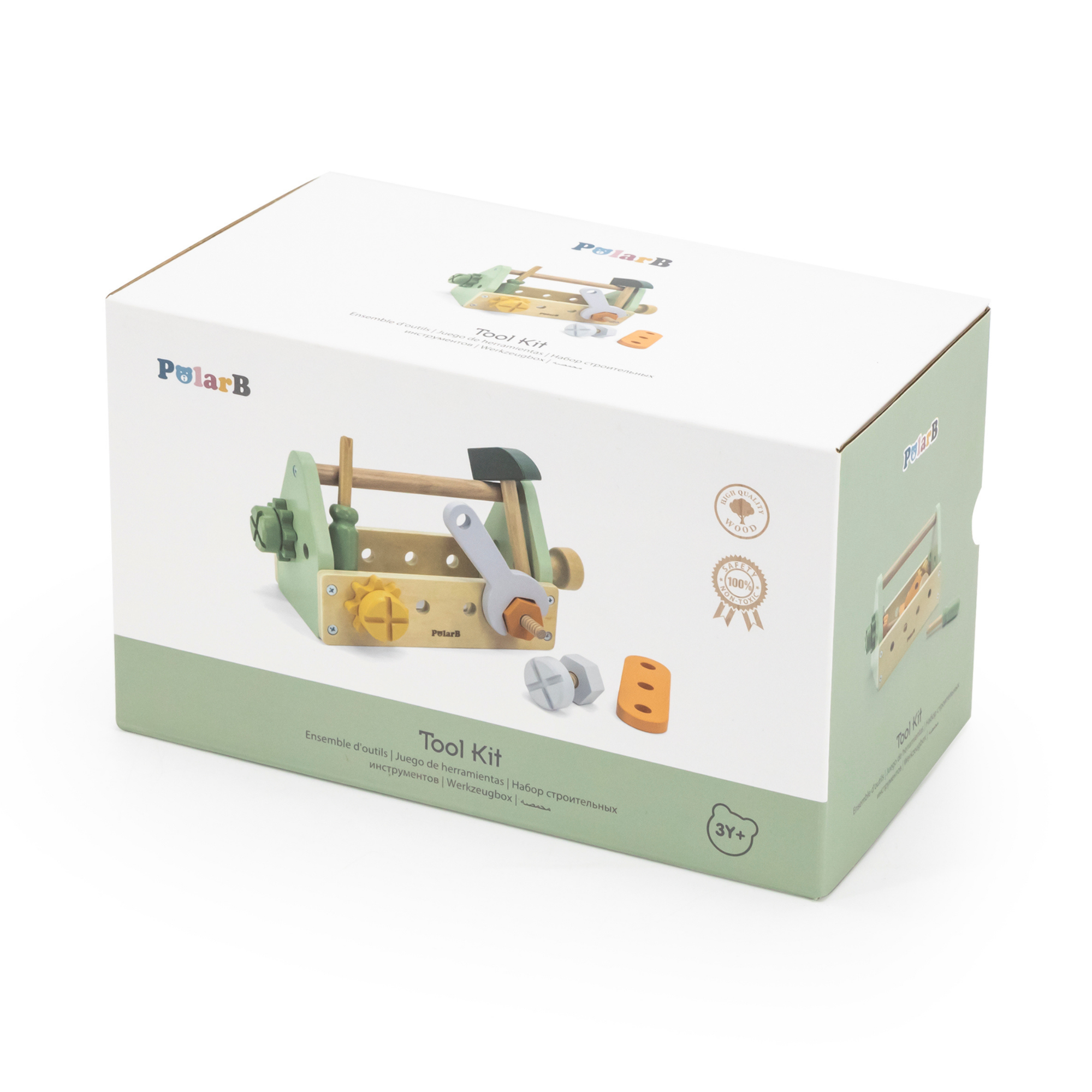 PolarB Wooden Tool Box Set by, DIY Role Play Kit with Hammer, Wrench, Screwdriver, Bolts, Nuts and Gears, Educational Toy for Toddlers, Ages 3 and Up