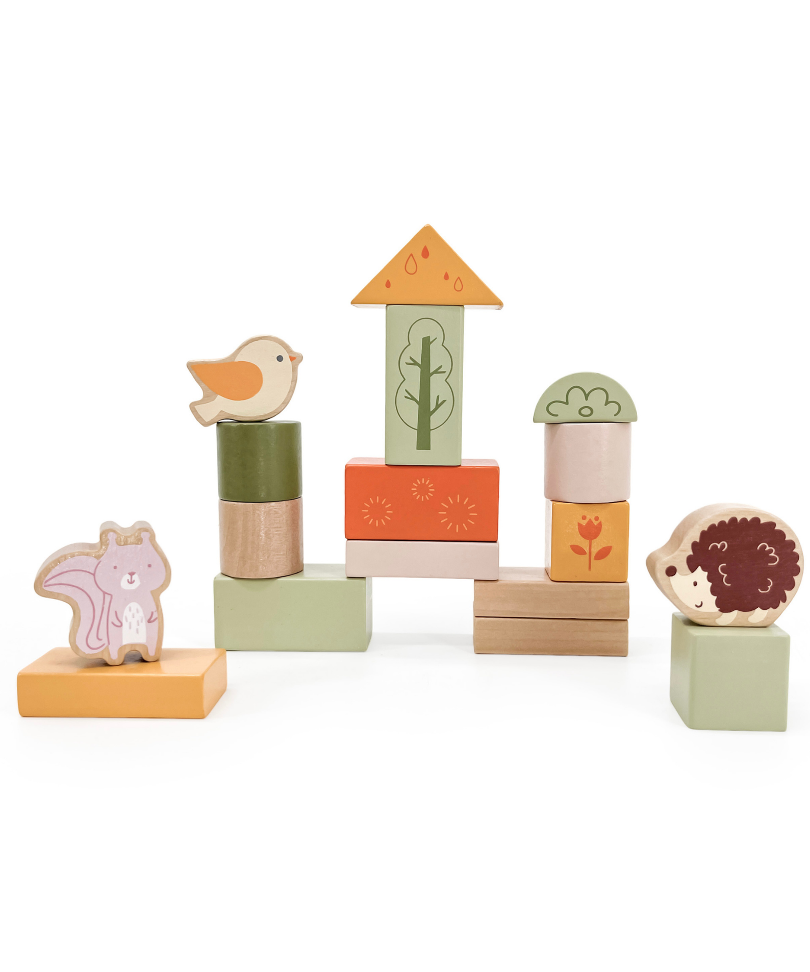 PolarB Wooden Blocks Set 50 Pieces, Green Forest Theme, Eco-Friendly Building and Stacking Toy for Toddlers, Includes Forest Animals and Shapes, Educational Toy for Kids 12 Months and Up