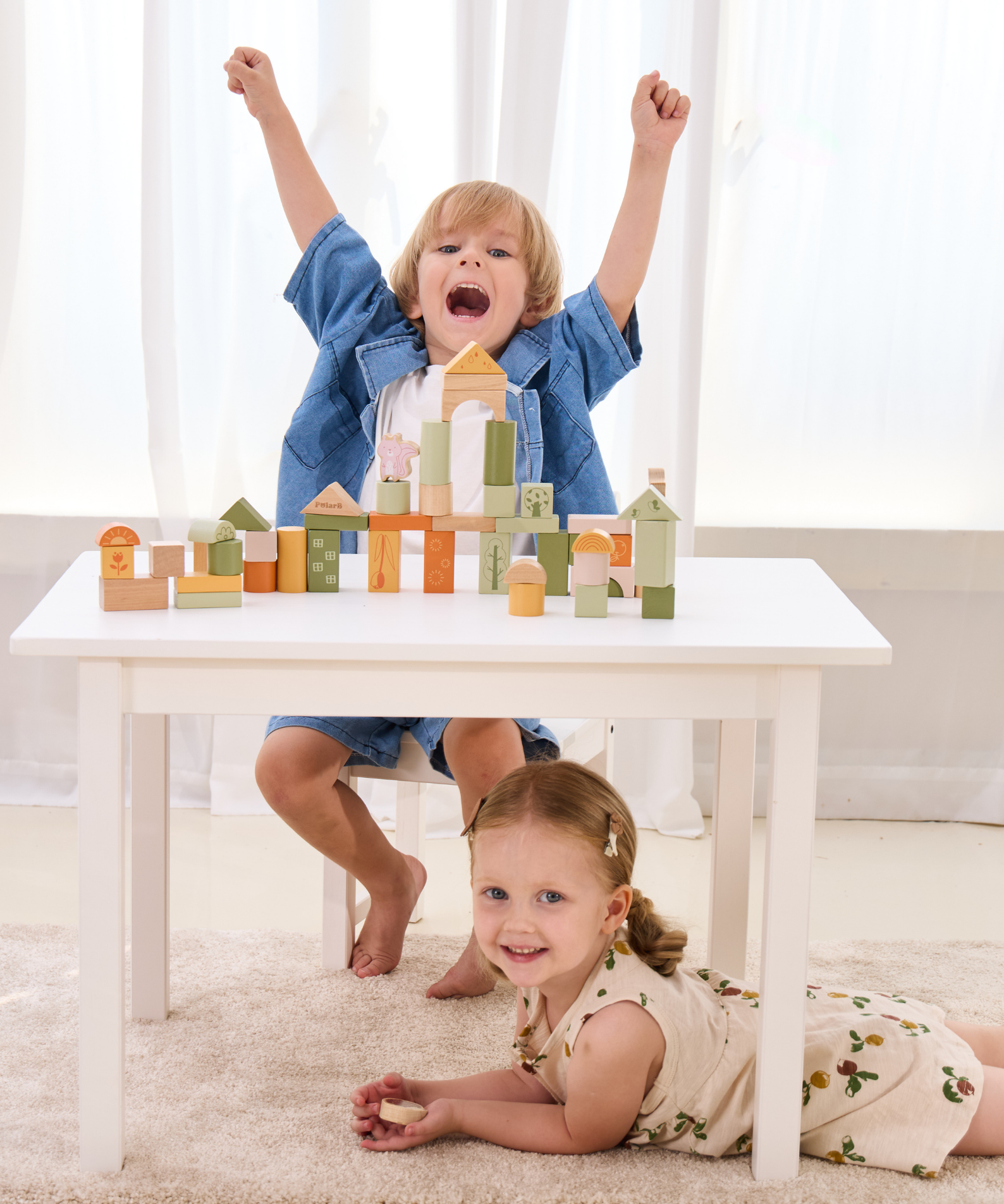 PolarB Wooden Blocks Set 50 Pieces, Green Forest Theme, Eco-Friendly Building and Stacking Toy for Toddlers, Includes Forest Animals and Shapes, Educational Toy for Kids 12 Months and Up