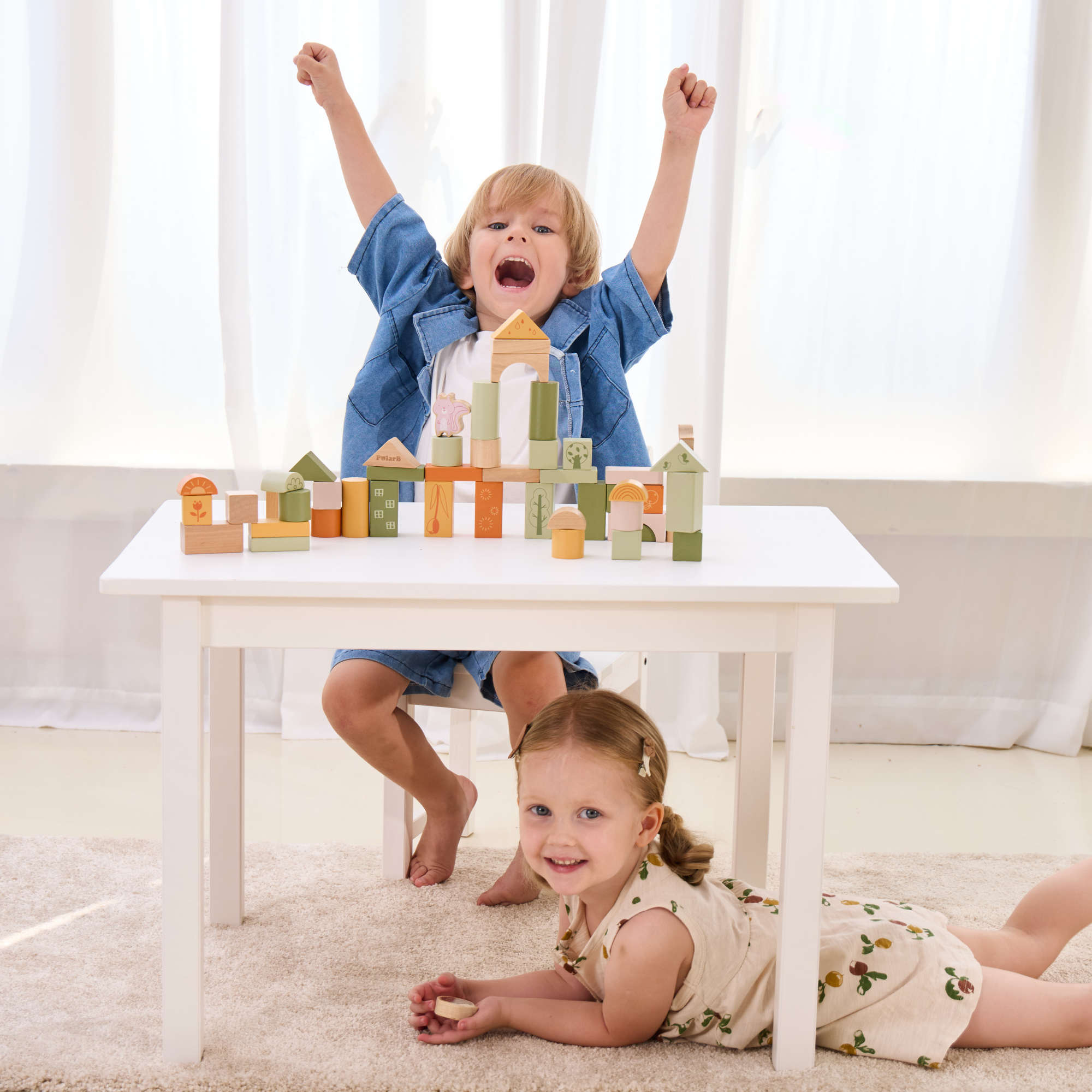 PolarB Wooden Blocks Set 50 Pieces, Green Forest Theme, Eco-Friendly Building and Stacking Toy for Toddlers, Includes Forest Animals and Shapes, Educational Toy for Kids 12 Months and Up