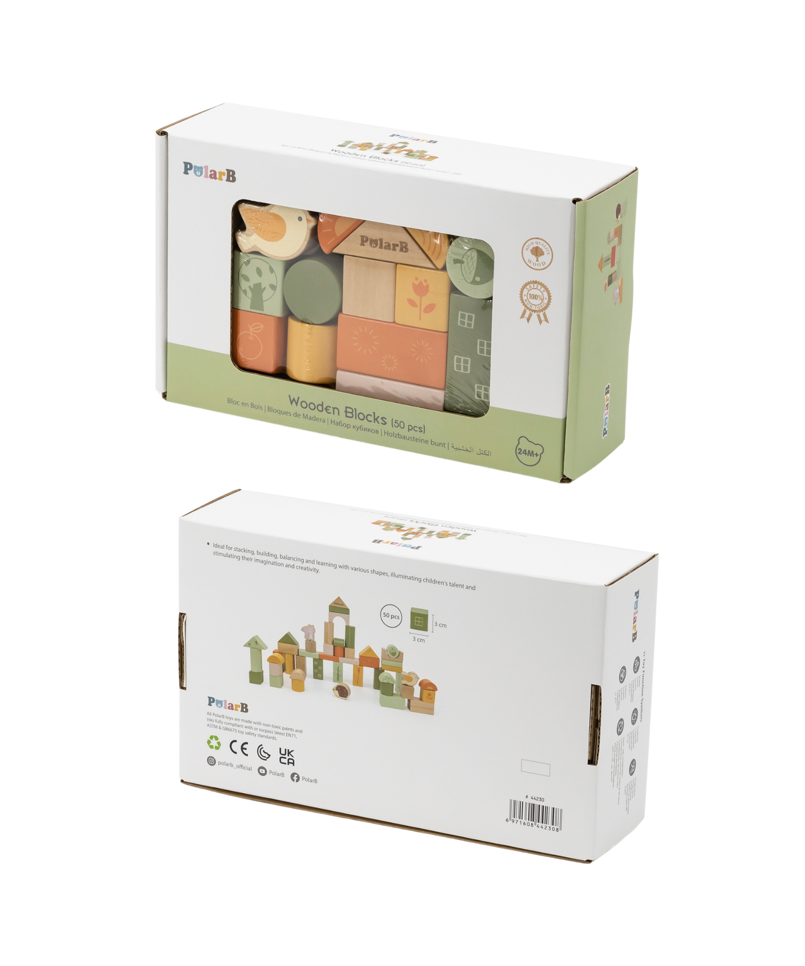 PolarB Wooden Blocks Set 50 Pieces, Green Forest Theme, Eco-Friendly Building and Stacking Toy for Toddlers, Includes Forest Animals and Shapes, Educational Toy for Kids 12 Months and Up