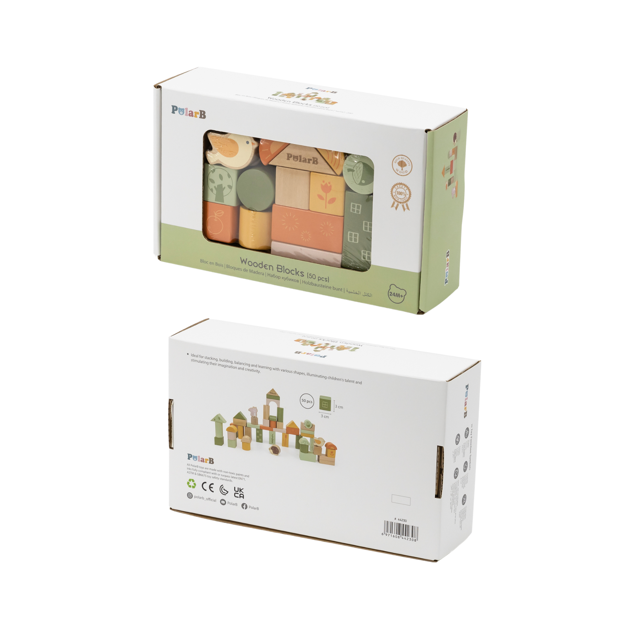 PolarB Wooden Blocks Set 50 Pieces, Green Forest Theme, Eco-Friendly Building and Stacking Toy for Toddlers, Includes Forest Animals and Shapes, Educational Toy for Kids 12 Months and Up