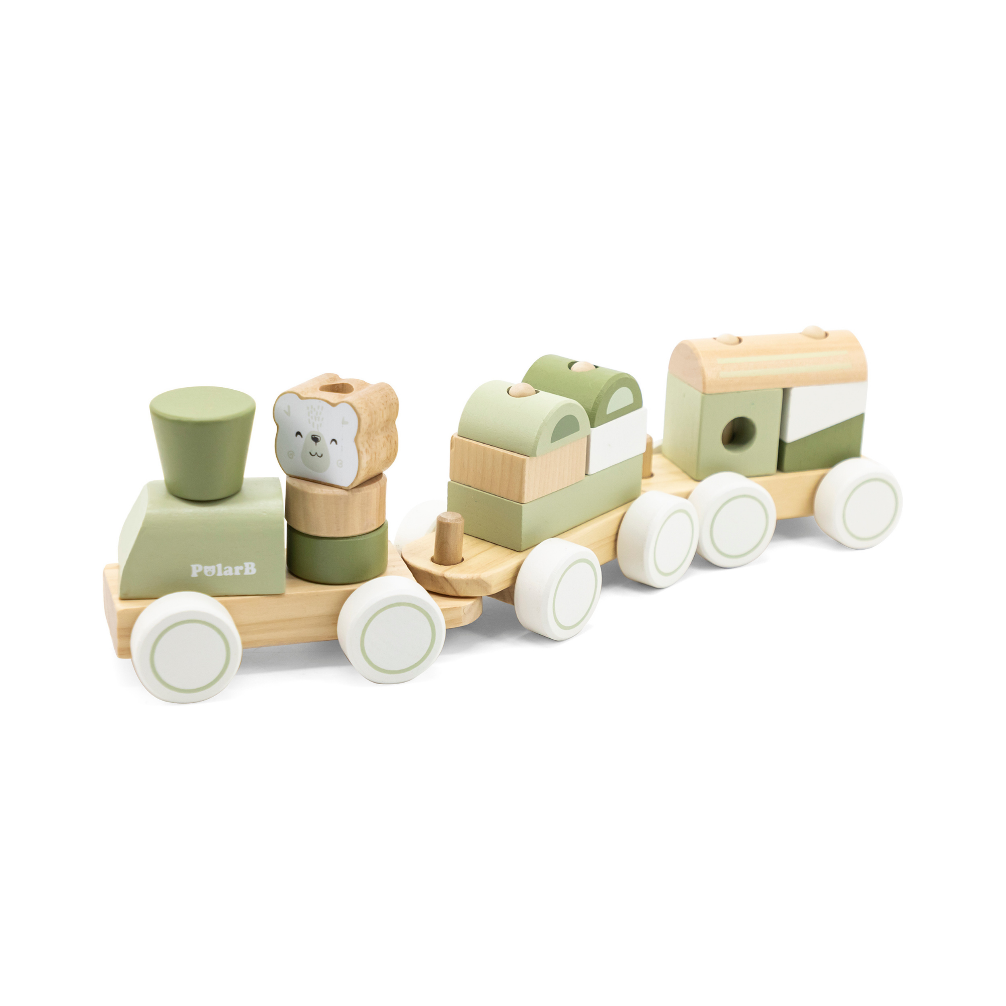 PolarB Wooden Stacking Train, Green, 2-in-1 Pull Toy and Shape Sorter, Educational Toy for Toddlers, Promotes Fine Motor Skills and Imaginative Play, Age 18 Months and Up