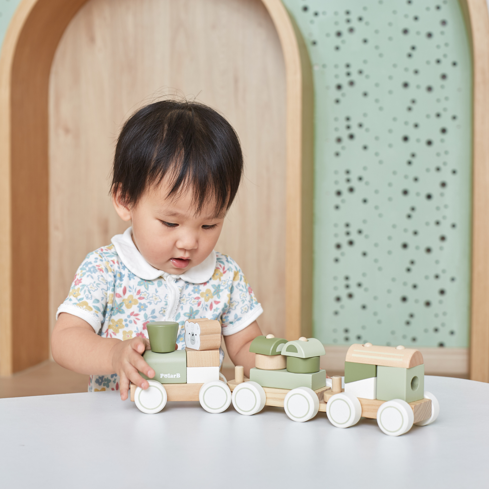 PolarB Wooden Stacking Train, Green, 2-in-1 Pull Toy and Shape Sorter, Educational Toy for Toddlers, Promotes Fine Motor Skills and Imaginative Play, Age 18 Months and Up