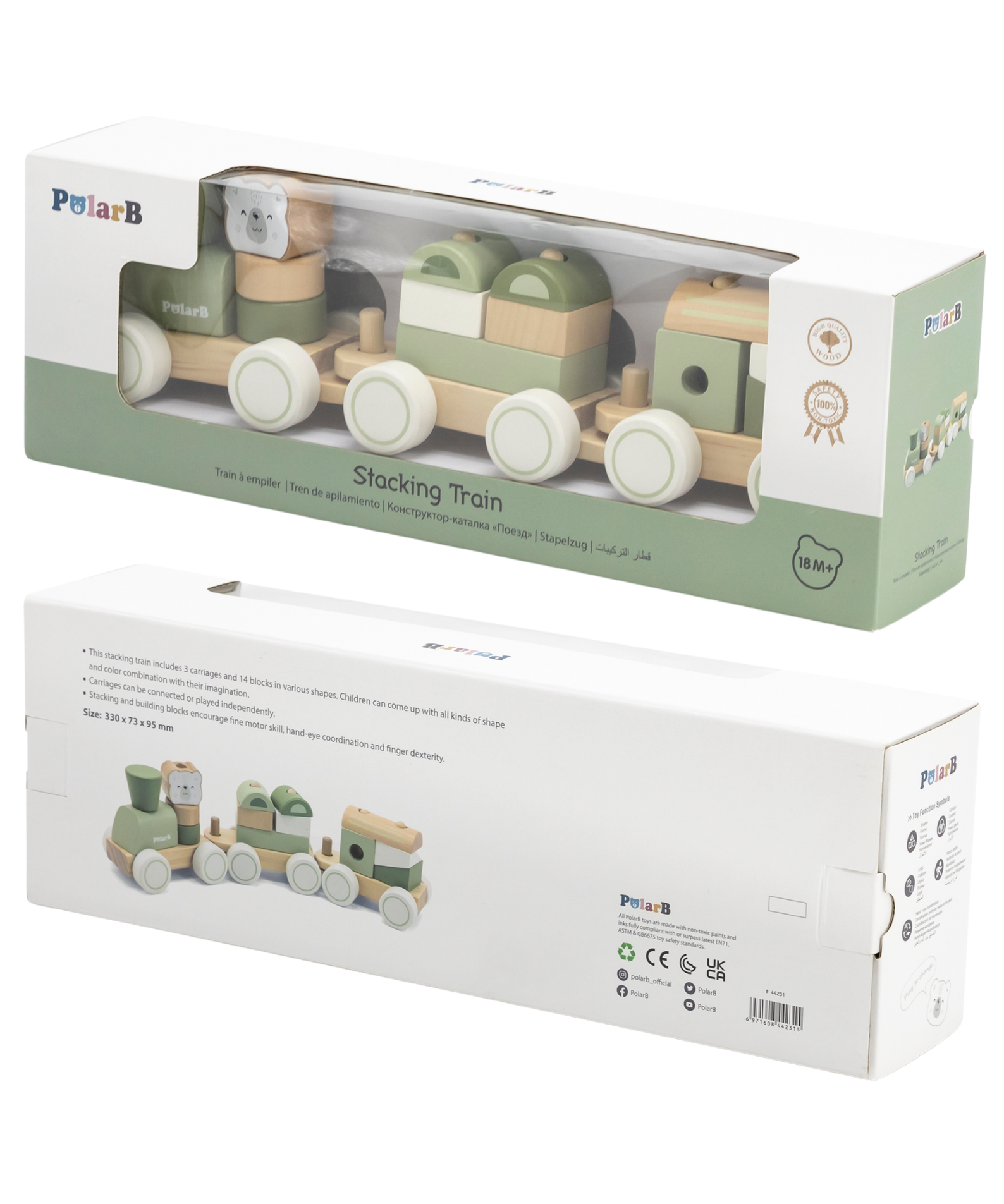 PolarB Wooden Stacking Train, Green, 2-in-1 Pull Toy and Shape Sorter, Educational Toy for Toddlers, Promotes Fine Motor Skills and Imaginative Play, Age 18 Months and Up