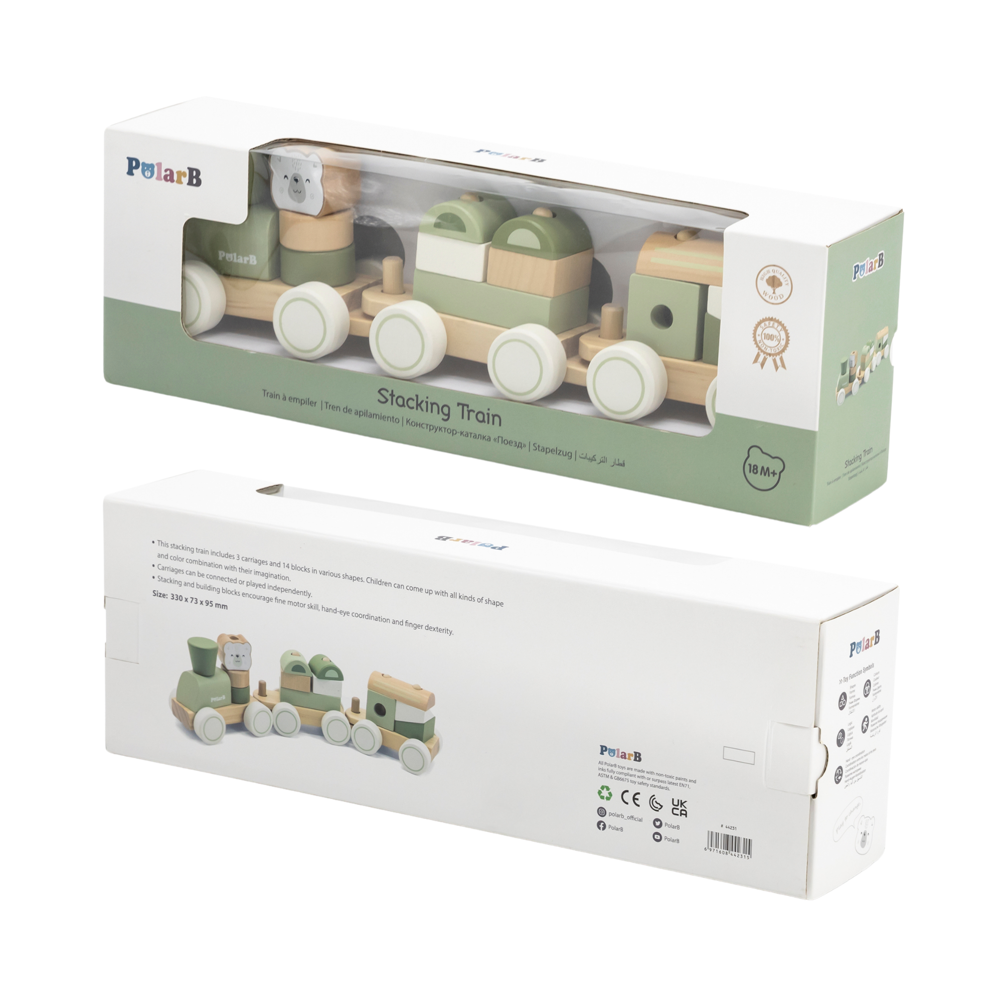 PolarB Wooden Stacking Train, Green, 2-in-1 Pull Toy and Shape Sorter, Educational Toy for Toddlers, Promotes Fine Motor Skills and Imaginative Play, Age 18 Months and Up