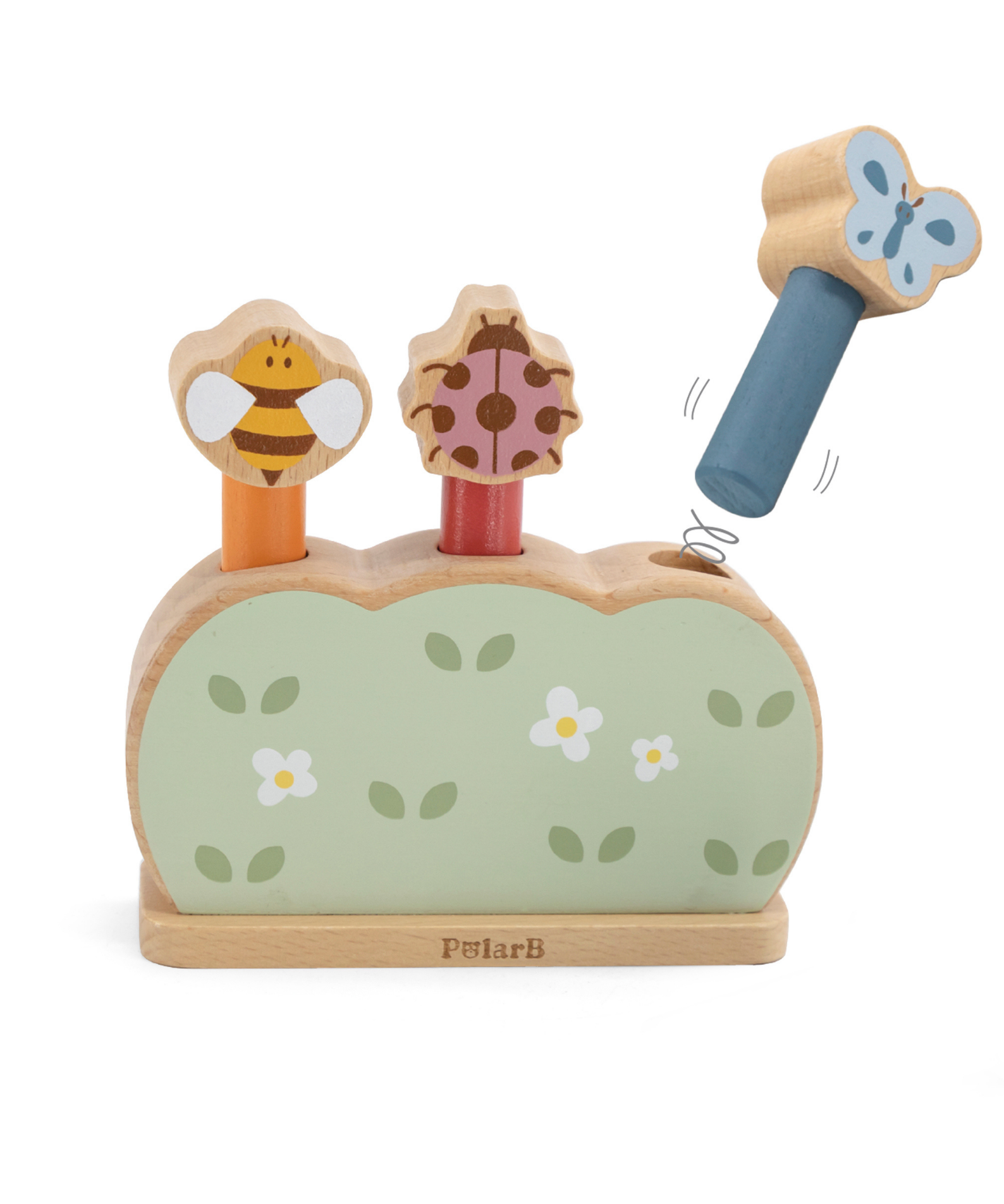 PolarB Wooden Pop-Up Garden Toy for Toddlers, Jumping Animal Peg Game for Fine Motor Skills, Hand-Eye Coordination and Cause-and-Effect Learning, Age 18 Months+