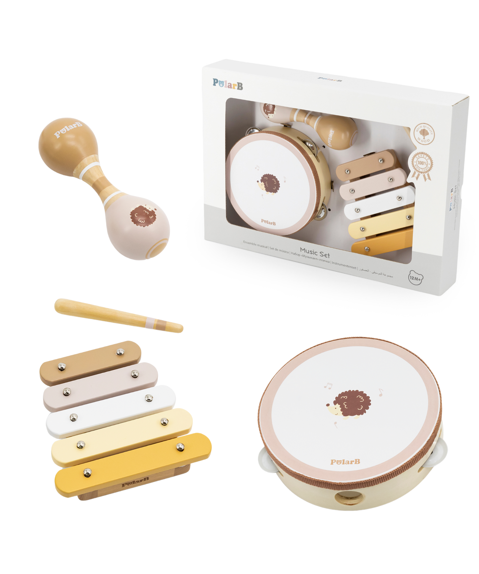 PolarB Hedgehog Wooden Music Set for Toddlers, Includes Tambourine, Maracas and Xylophone, Musical Instrument Toy Kit for Early Learning and Creative Play, 18 Months and Up