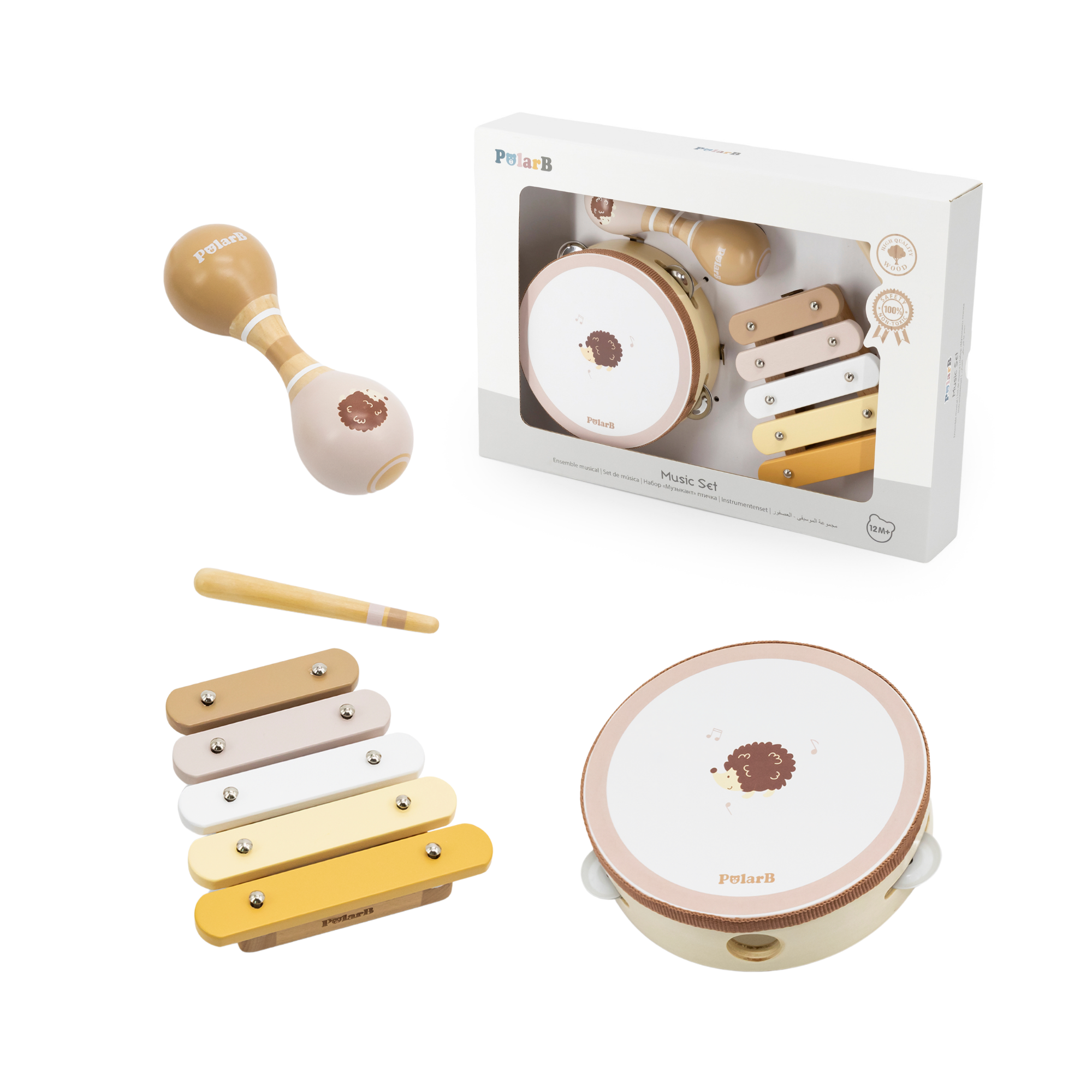 PolarB Hedgehog Wooden Music Set for Toddlers, Includes Tambourine, Maracas and Xylophone, Musical Instrument Toy Kit for Early Learning and Creative Play, 18 Months and Up