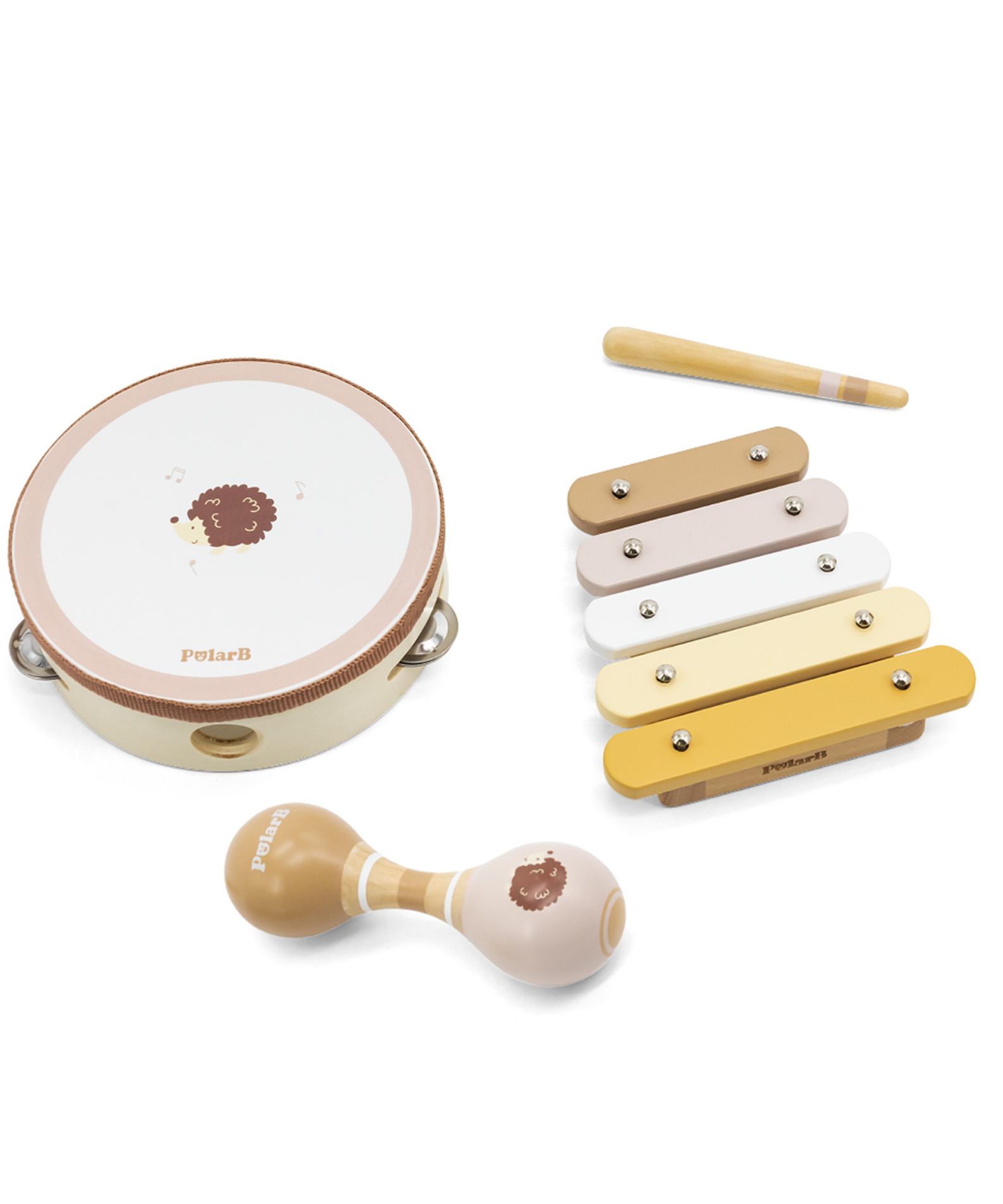 PolarB Hedgehog Wooden Music Set for Toddlers, Includes Tambourine, Maracas and Xylophone, Musical Instrument Toy Kit for Early Learning and Creative Play, 18 Months and Up