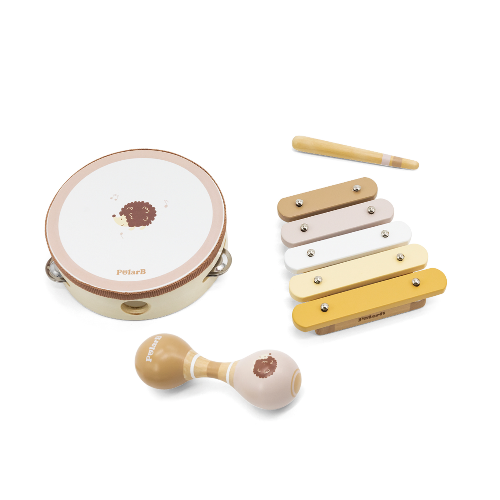 PolarB Hedgehog Wooden Music Set for Toddlers, Includes Tambourine, Maracas and Xylophone, Musical Instrument Toy Kit for Early Learning and Creative Play, 18 Months and Up