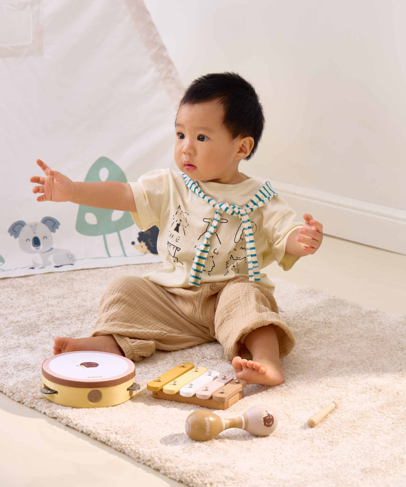 PolarB Hedgehog Wooden Music Set for Toddlers, Includes Tambourine, Maracas and Xylophone, Musical Instrument Toy Kit for Early Learning and Creative Play, 18 Months and Up