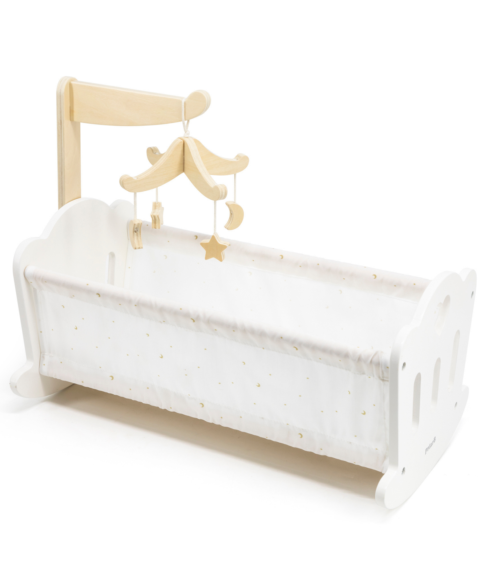 PolarB Wooden Doll Cradle by , Solid Wood Rocking Cot with Pillow, Blanket, and Crib Mobile, Fits Dolls Up to 38 cm, Ages 3+