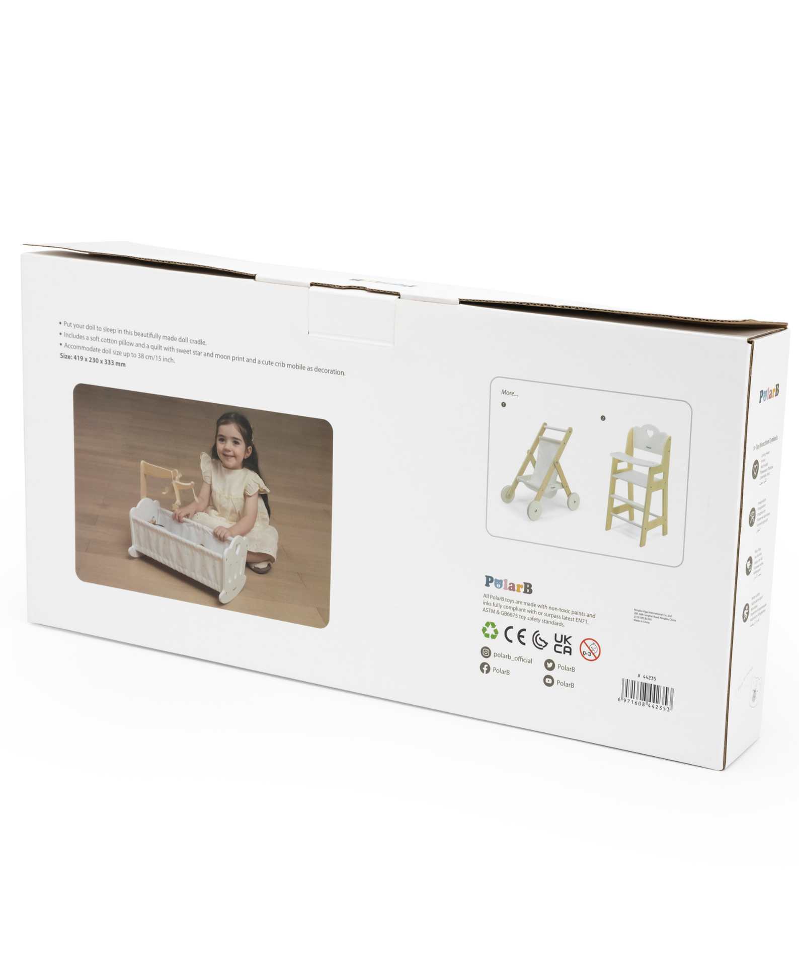 PolarB Wooden Doll Cradle by , Solid Wood Rocking Cot with Pillow, Blanket, and Crib Mobile, Fits Dolls Up to 38 cm, Ages 3+