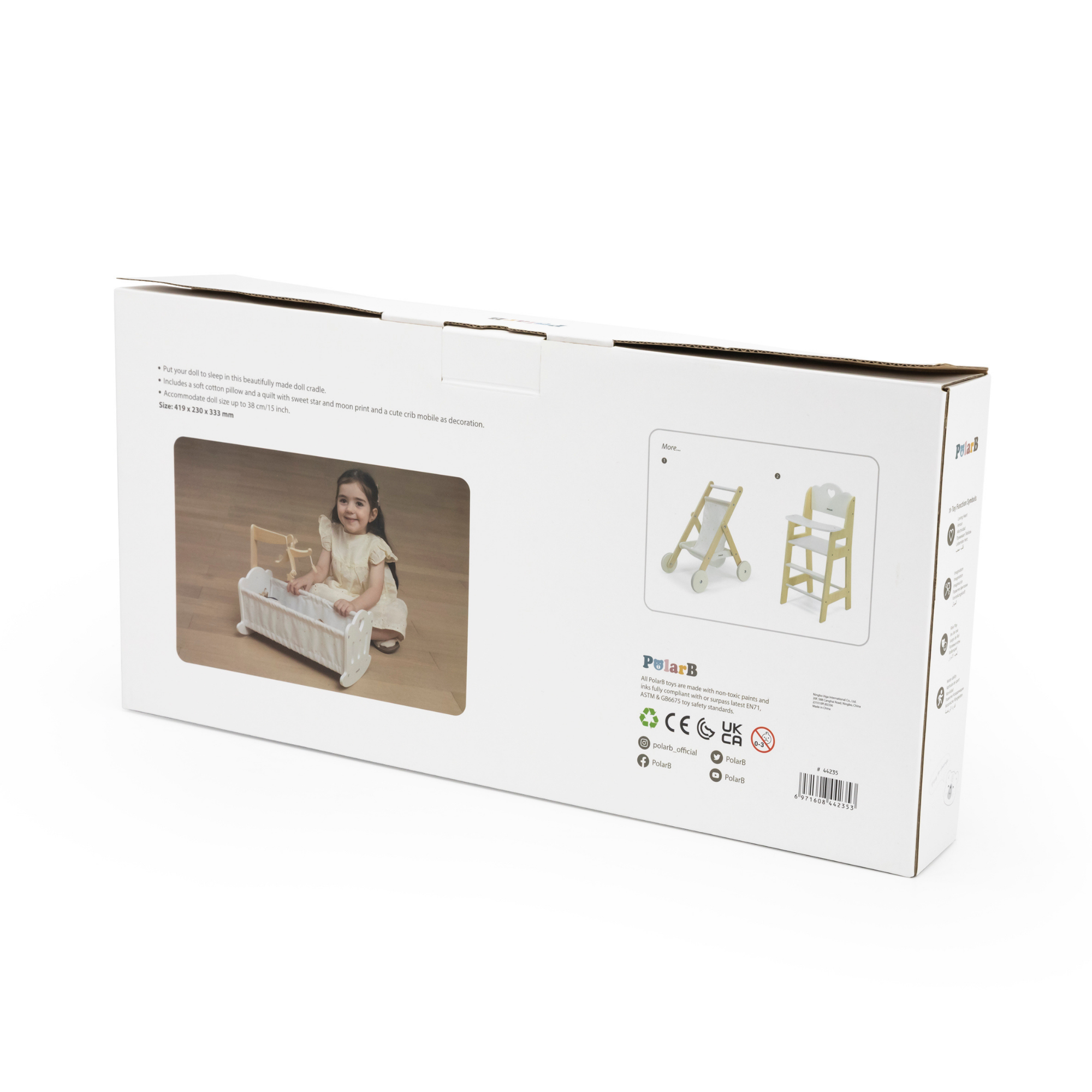 PolarB Wooden Doll Cradle by , Solid Wood Rocking Cot with Pillow, Blanket, and Crib Mobile, Fits Dolls Up to 38 cm, Ages 3+